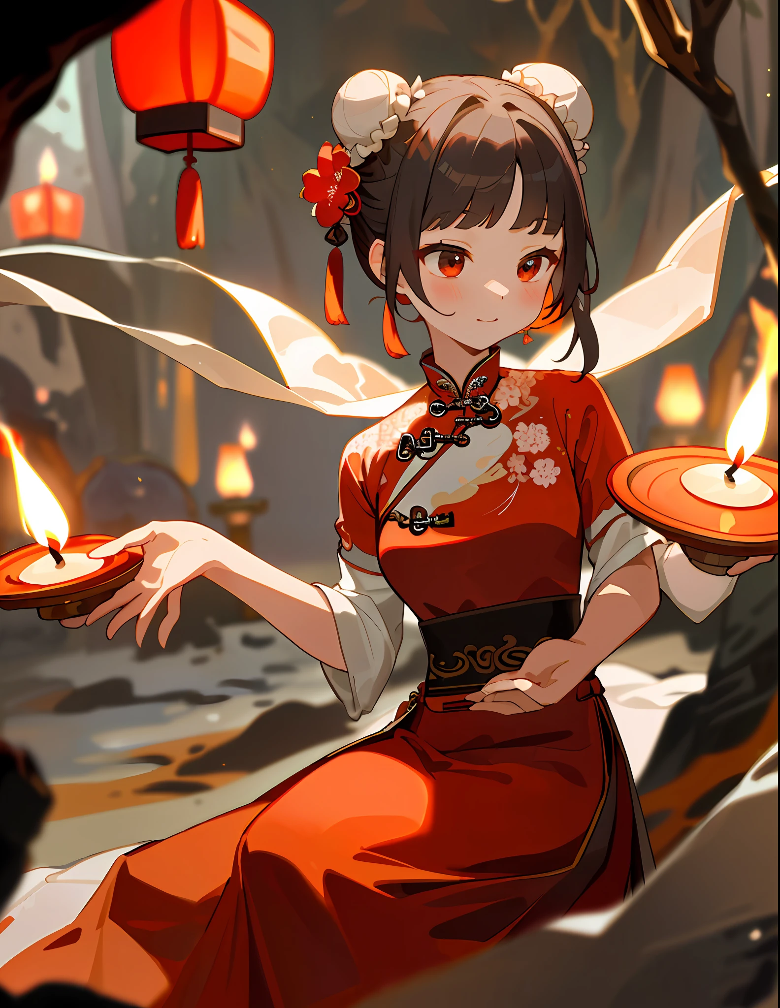 ((masterpiece, best quality)), 1girl, solo, (bun: 1.4), (Chinese costume red wedding dress: 1.4) (cave flower candle night: 1.3), wedding, atmosphere