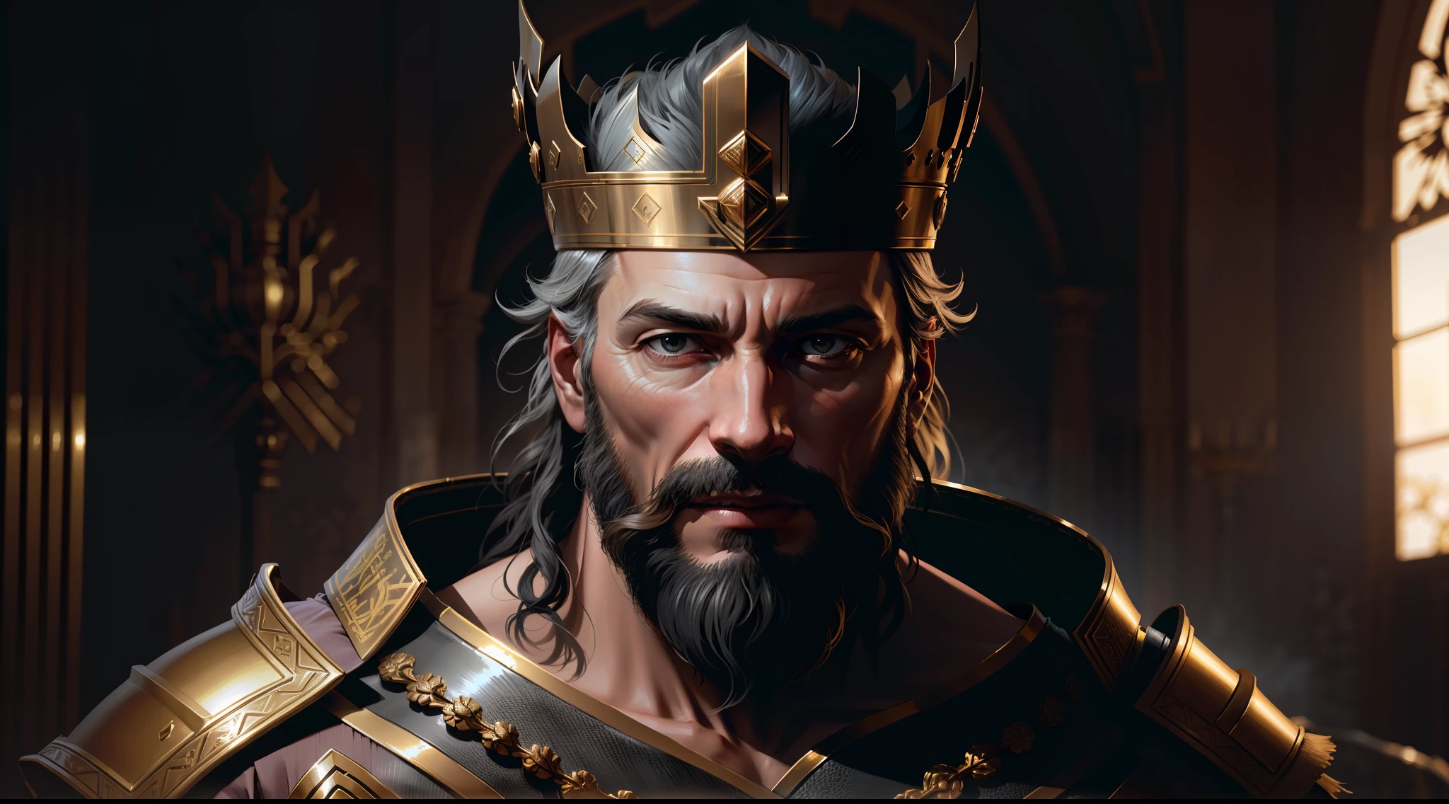 best quality, 500px, cgsociety, 8k, raw photo of (beautiful: 1.2) human king, dress king's crown, king's armor, 40yo, beard, in castle, full body, ambient light, backlight, volumetric lighting, realistic, realistic lighting, cinematic lighting, depth of field, sharp focus, (high contrast: 1.2), (film grain), side