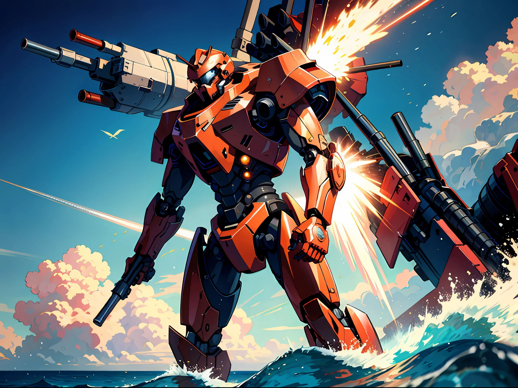 HD clear, best graphics, illustration quality, super detailed, a red mech standing by the sea, a large-caliber cannon on its shoulder