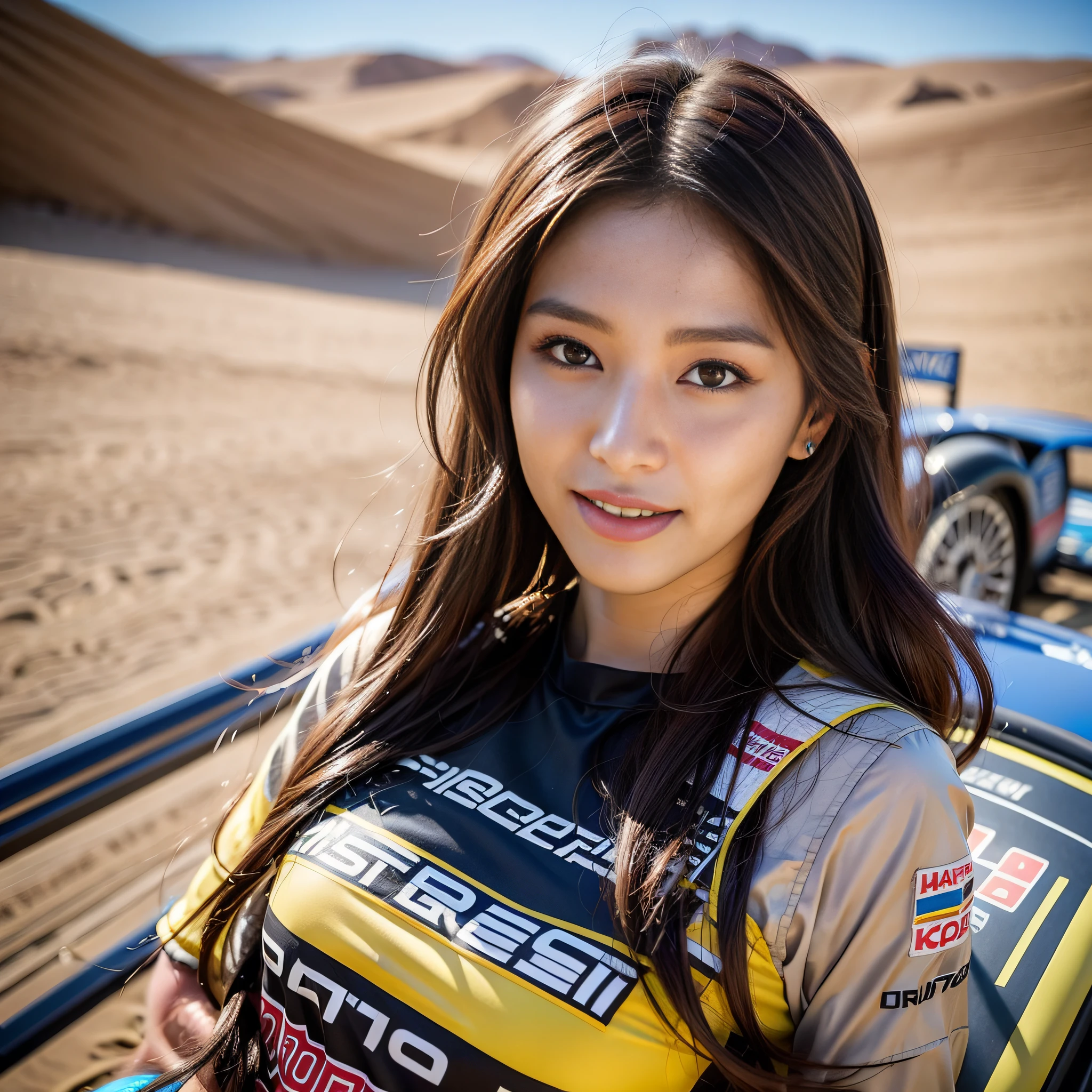 long brown hair,beautiful face,perfect body,perfect face,beautiful nose,skinny,looking at other,
1person,(kpop idol:1.5),(smile)
((1woman driving a Rally car The Sahara:1),black slim racing suit:1, moving,running),Dakar Rally,looking at viewer,(in the Rally car driver's seet:1.6),
ultra detailed, hi-res, masterpiece,4k,8k,16k,
best quality, realistic,large breasts,
wind,