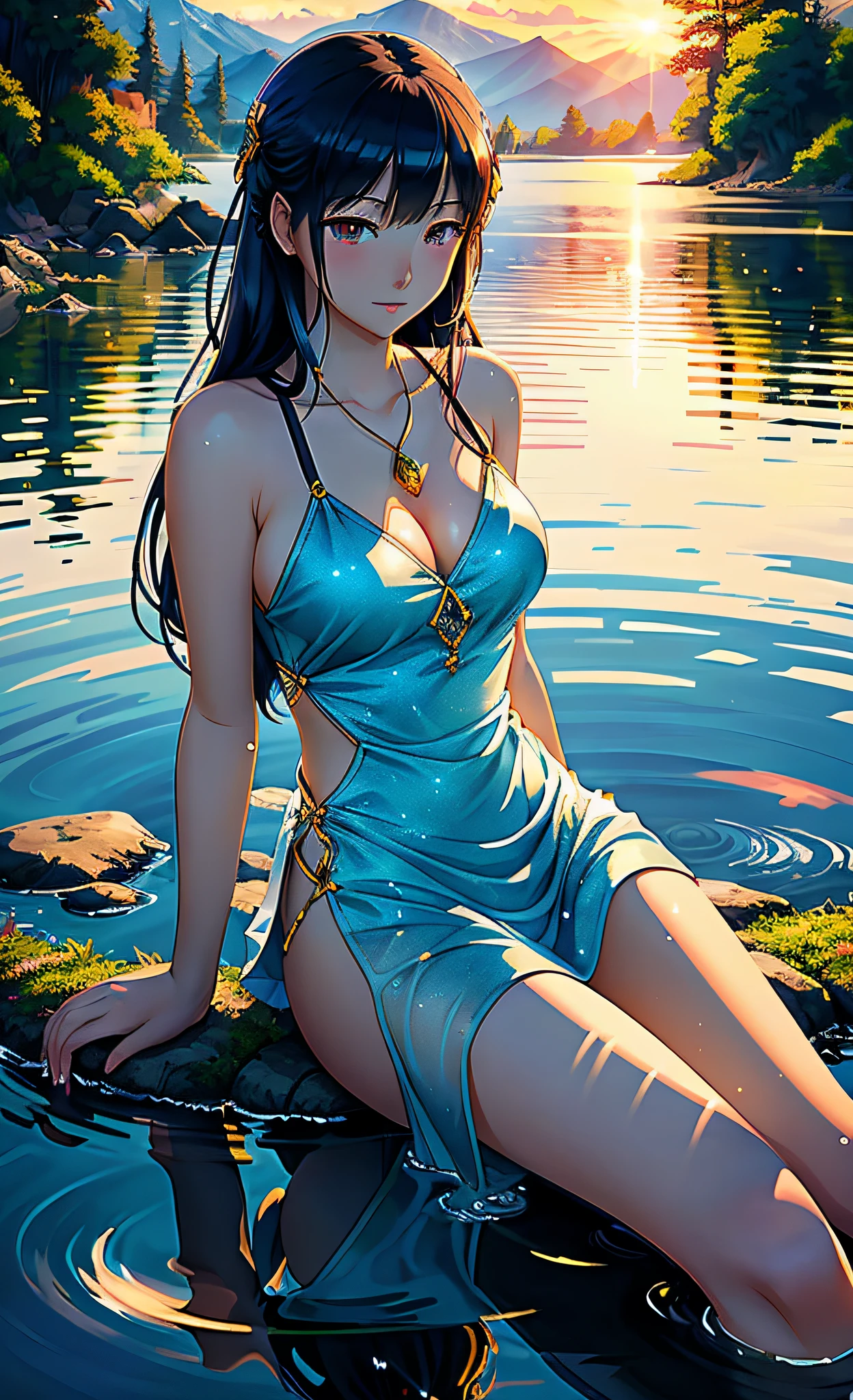 Anime girl sitting in water, nude, lake and mountains in background, Alena Ainami and art germ, beautiful digital artwork, beautiful goddess, detailed digital anime art, beautiful and alluring anime woman, beautiful avatar picture by Yang J, Alice X. Chang, digital anime illustration, digital art on Pixiv, close-up fantasy with water magic, seductive anime girl