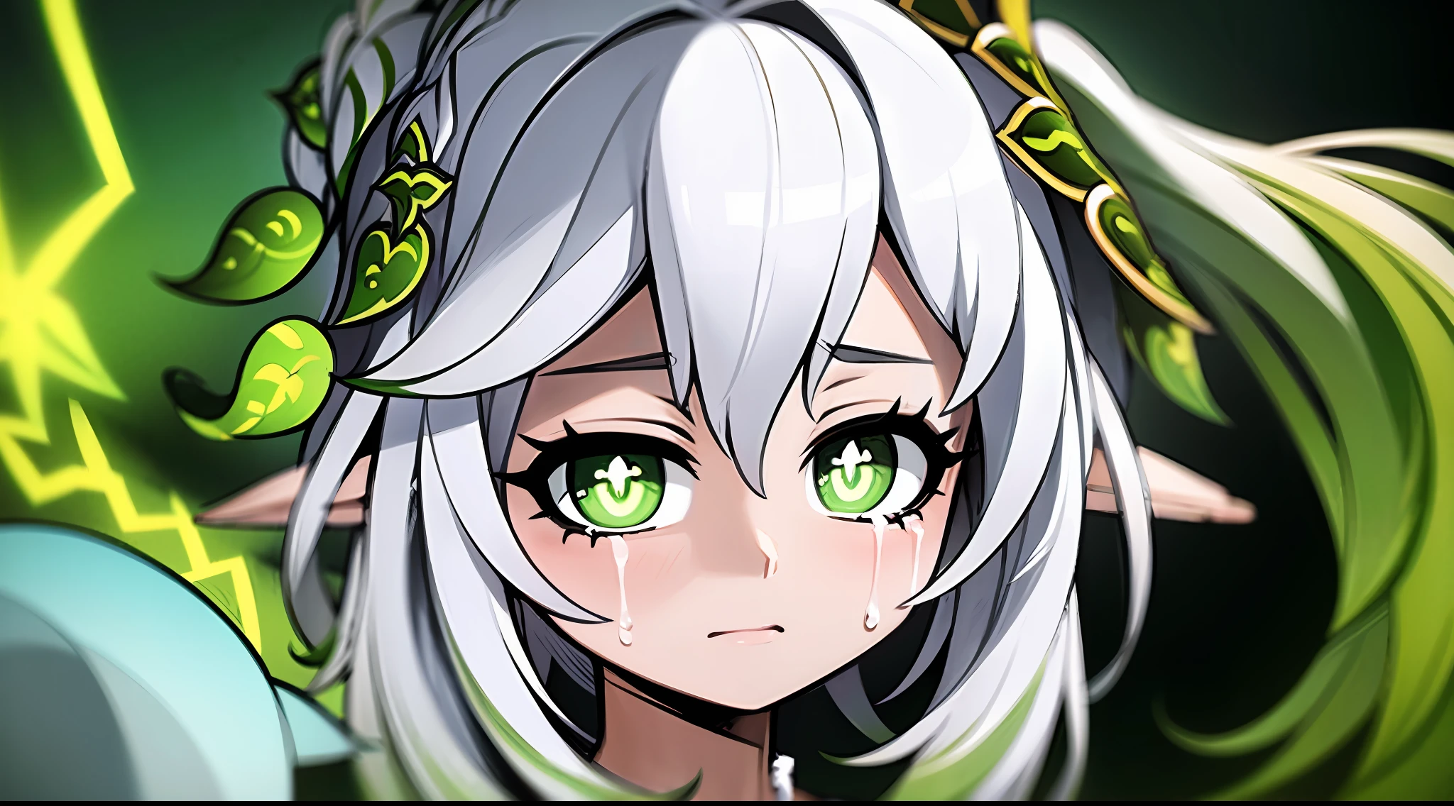 "Masterpiece, high quality, (anime), best quality, 1girl, dynamic lighting, dynamic background, white hair, green eyes, ((8 years)), beautiful face, beautiful eyes, background: river, crying, sad,