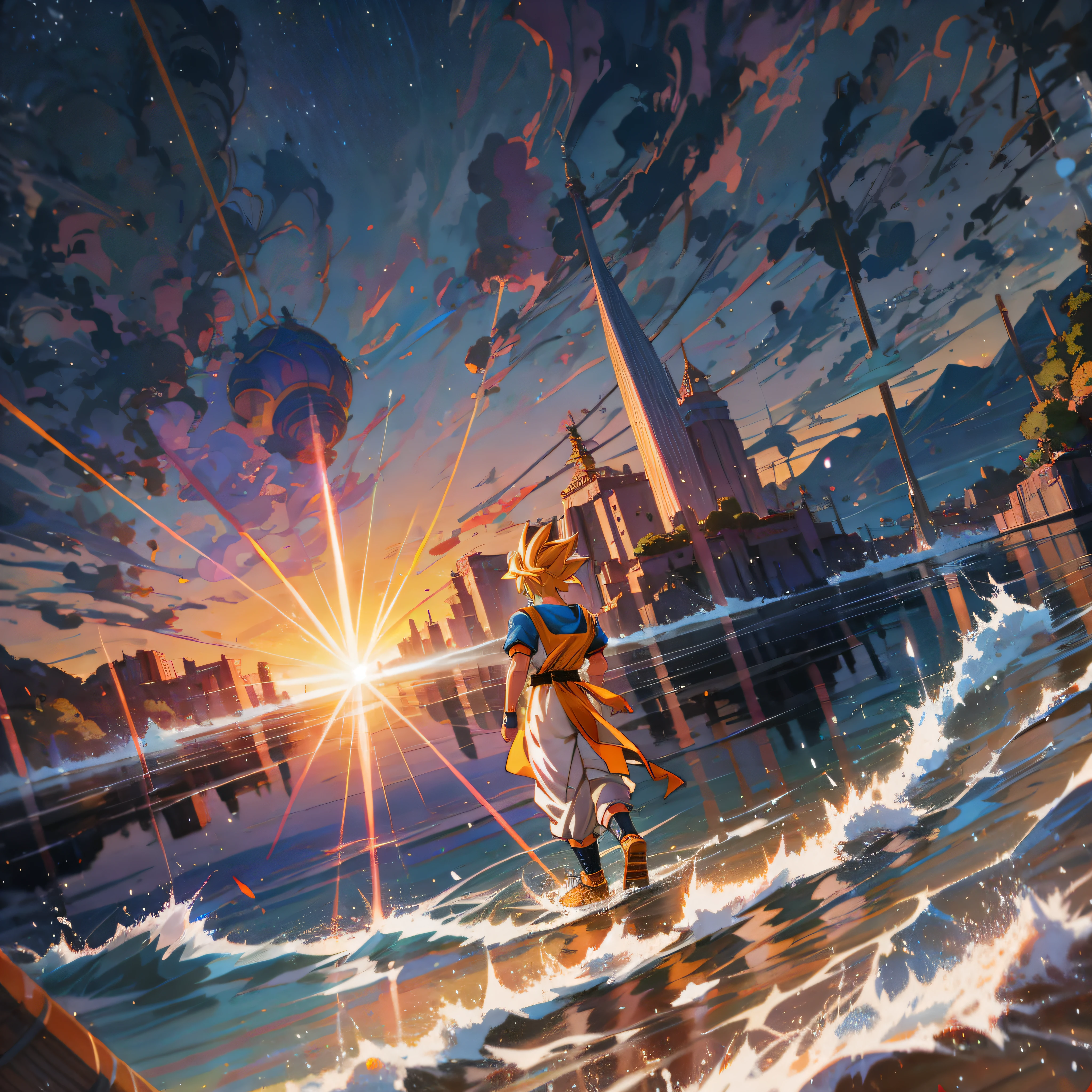 Saiyan Goku Monkey King standing on a surfboard in the water in yellow costume, Makoto Shinkai Cyril Rolando, 5d CGI anime fantasy artwork, key art, anime epic artwork, Saiyan, kakarot, anime Goku walking on water, official illustration, epic 8 K HD anime footage, (octane rendering) fantasy style, inspired by Sylvain Sarel, next to the waves are several dragon balls from Dragon Ball, the best picture quality, key anime visuals