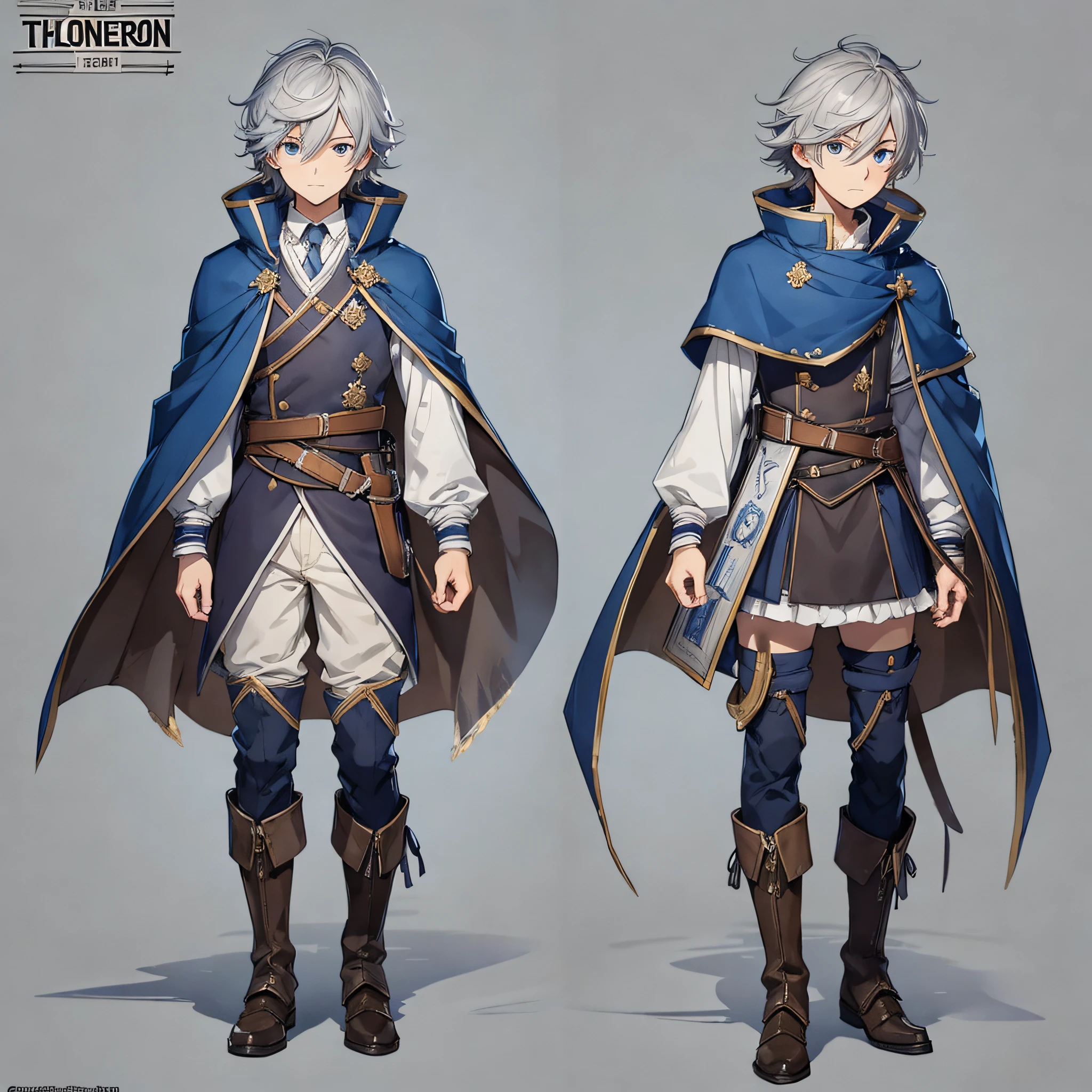 Charturnerv2, 1boy, full body young boy, fashion, gray hair, medium long hair, blue eyes, brown cape, preppy style, boots, manga style, miyazaki hayao, same costume, concept art, full body, detail_face, line_sketch, planIt, official art, official alternative clothing, design style, multi-style, detail character, 4_side, original, 8K GC, lots of detail, multiple views of the same character, No background, only detailed characters, technical illustrations, multiple views, masterpieces, best quality --auto --s2