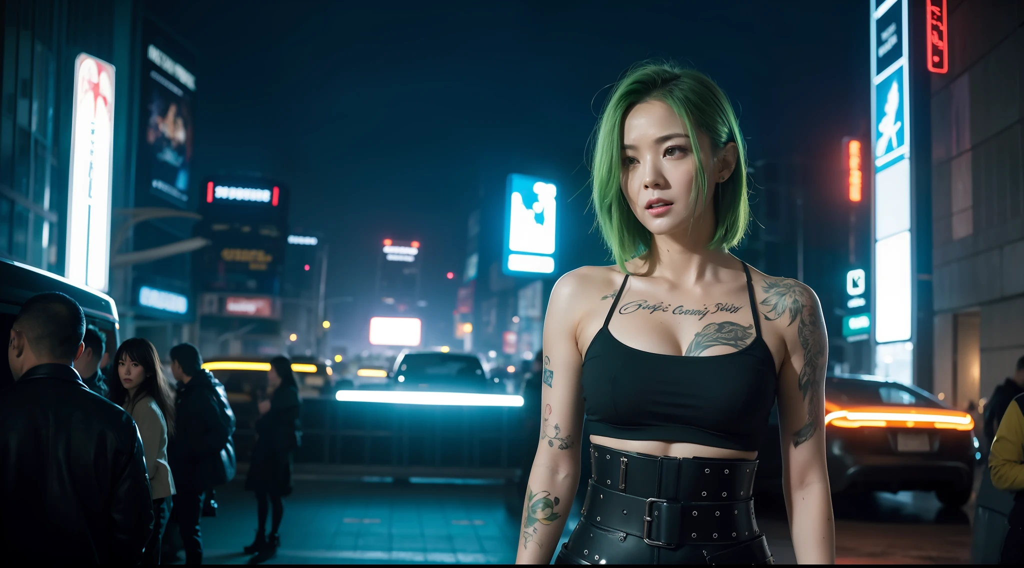 Award-winning photo from the waist up, green-haired woman showing face, alone, from torso up, with cybernetic enhancements with tattoo of magical symbols, in front of cyberpunk buildings, vibrant, photorealistic, hyperrealism, strong impressionist painting style, 1,618, elegant, ethereal, intricate, elaborate, hyper-realism, hyper-detailed, strong expressiveness and emotionality, cinematic lighting, visual clarity