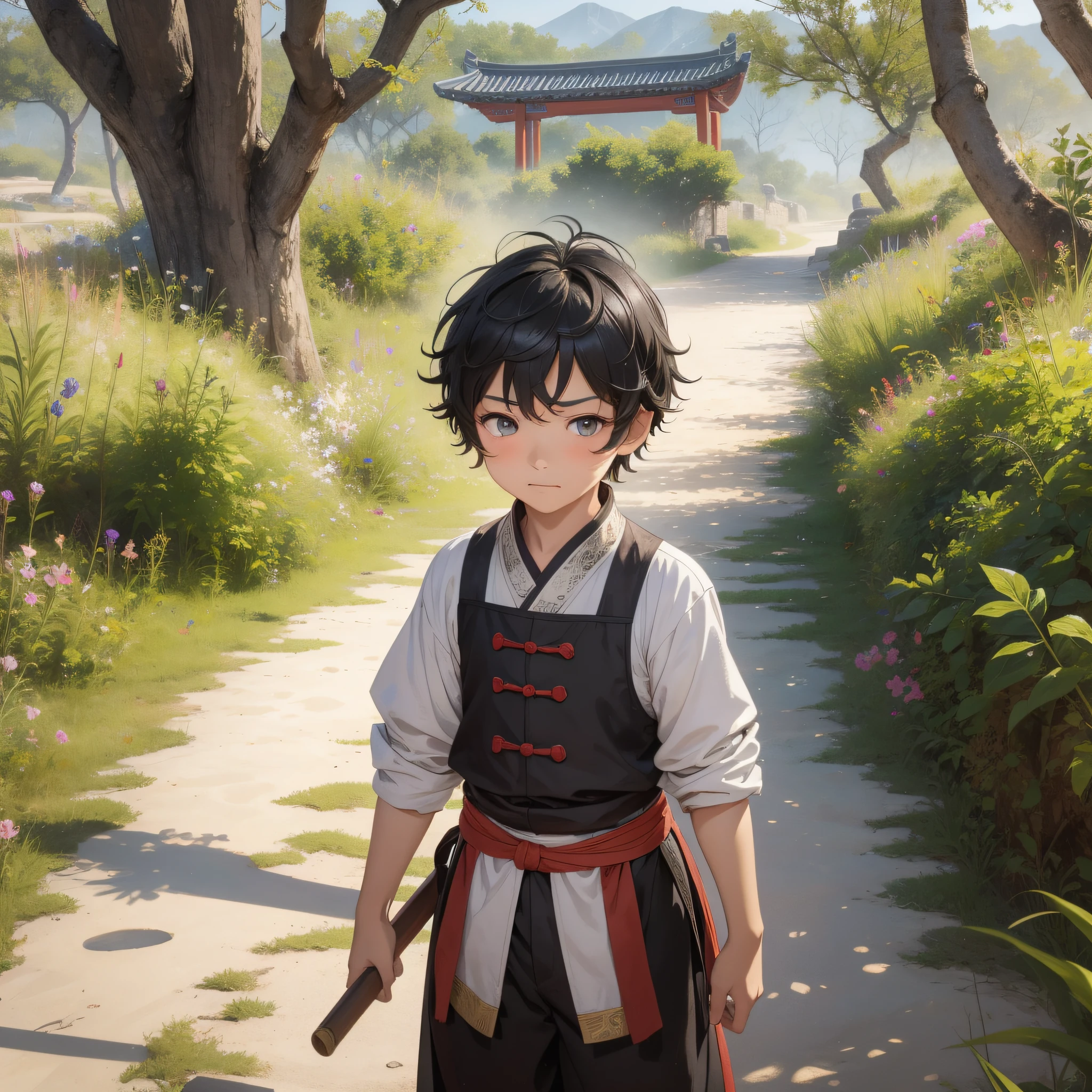 Absurd resolution, high resolution, (masterpiece: 1.4), hyperdetail, ancient China, a 10-year-old boy with short black hair (1.3), boy 1.5, tanned face 1.5, roar (1.2), cry (1.2), wearing peasant clothing, desert environment 1.5