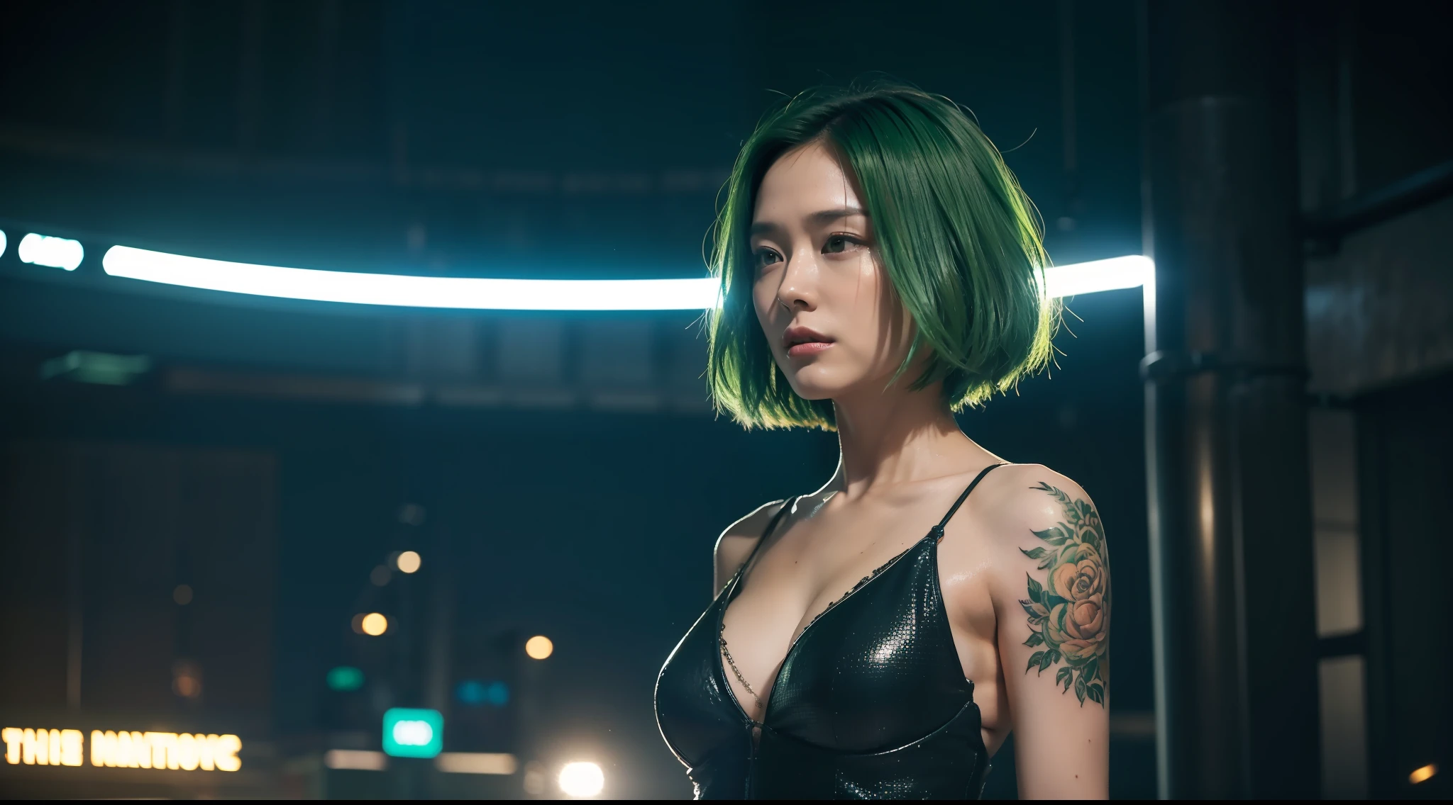 Award-winning photo from the waist up, green-haired woman showing face, alone, from torso up, with cybernetic enhancements with tattoo of magical symbols, in front of cyberpunk buildings, vibrant, photorealistic, hyperrealism, strong impressionist painting style, 1,618, elegant, ethereal, intricate, elaborate, hyper-realism, hyper-detailed, strong expressiveness and emotionality, cinematic lighting, visual clarity