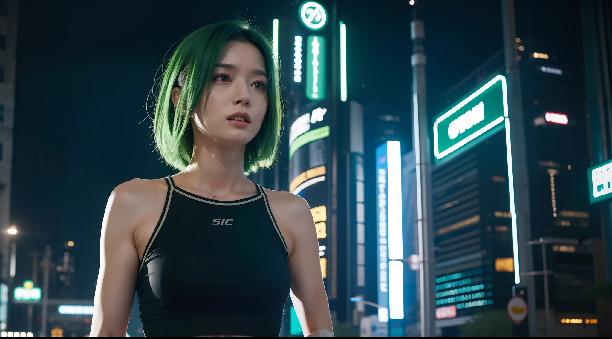 Award-winning photo from the waist up, green-haired woman showing face, alone, from torso up, with cybernetic enhancements with tattoo of magical symbols, in front of cyberpunk buildings, vibrant, photorealistic, hyperrealism, strong impressionist painting style, 1,618, elegant, ethereal, intricate, elaborate, hyper-realism, hyper-detailed, strong expressiveness and emotionality, cinematic lighting, visual clarity