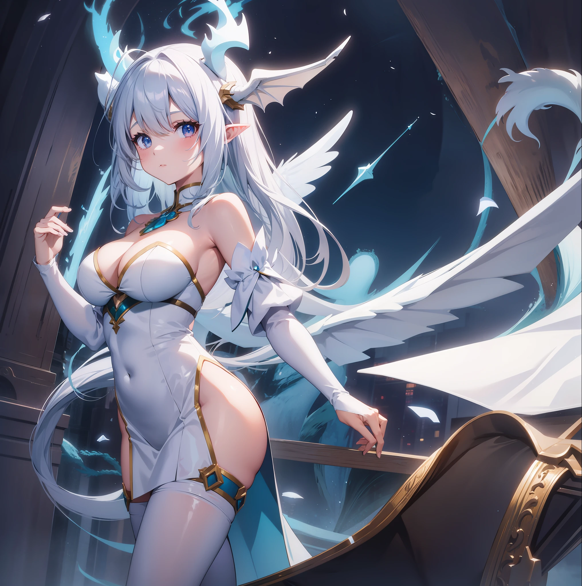 Anime girl, two-dimensional, with a pair of white dragon horns on her head and a pair of white dragon wings behind her