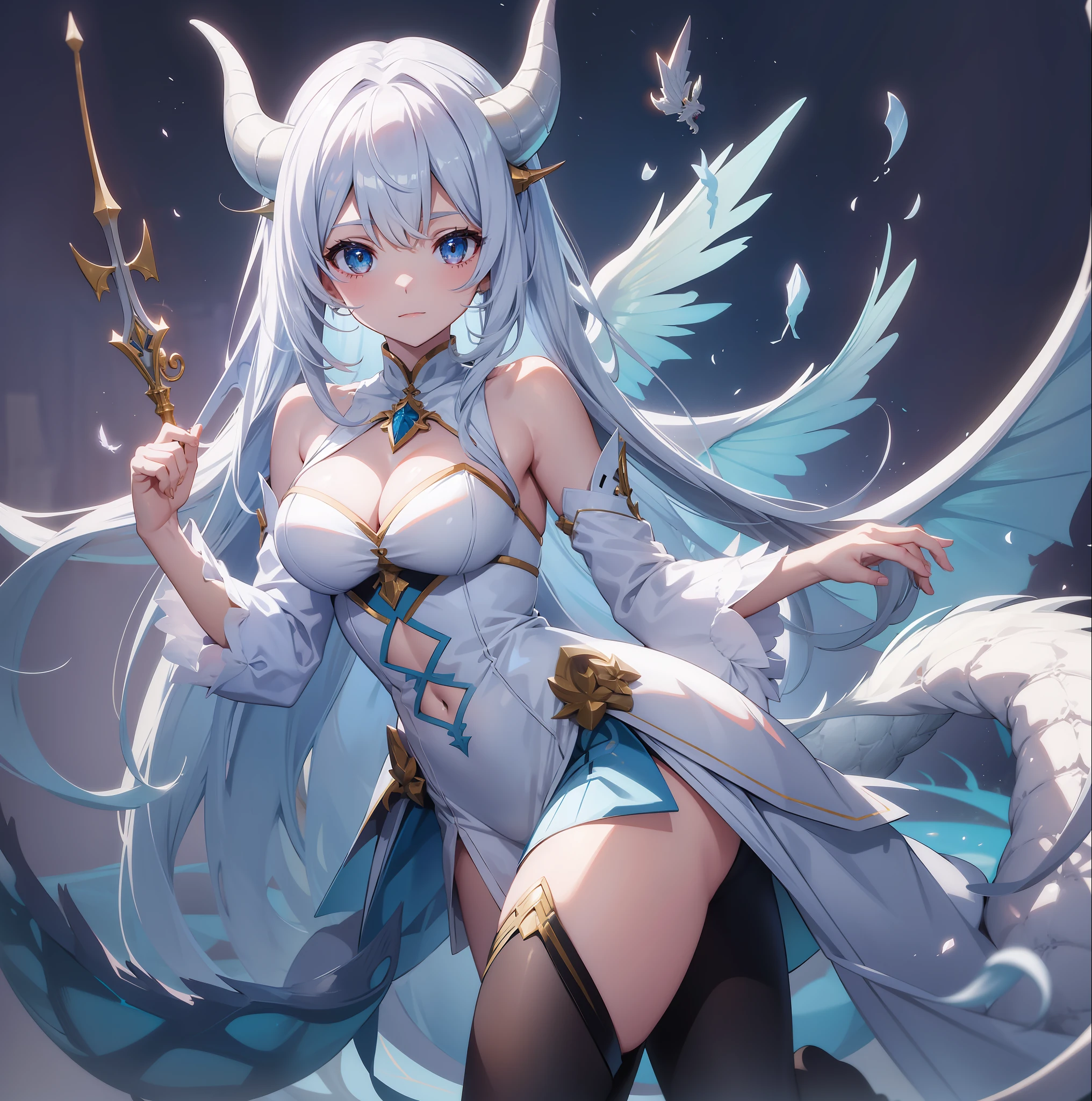 Anime girl, two-dimensional, with a pair of white dragon horns on her head and a pair of white dragon wings behind her