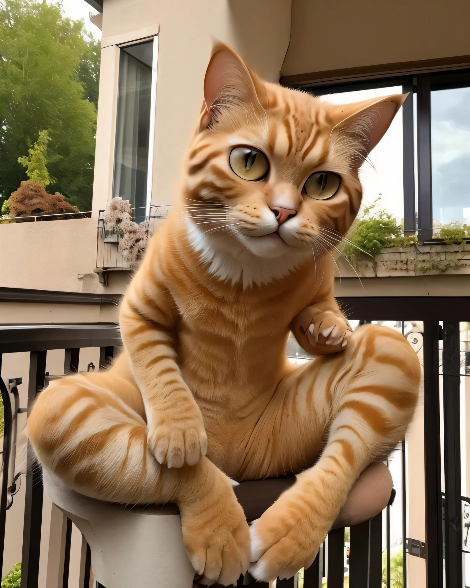 a realistic garfield meowth hybrid sitting on a balcony