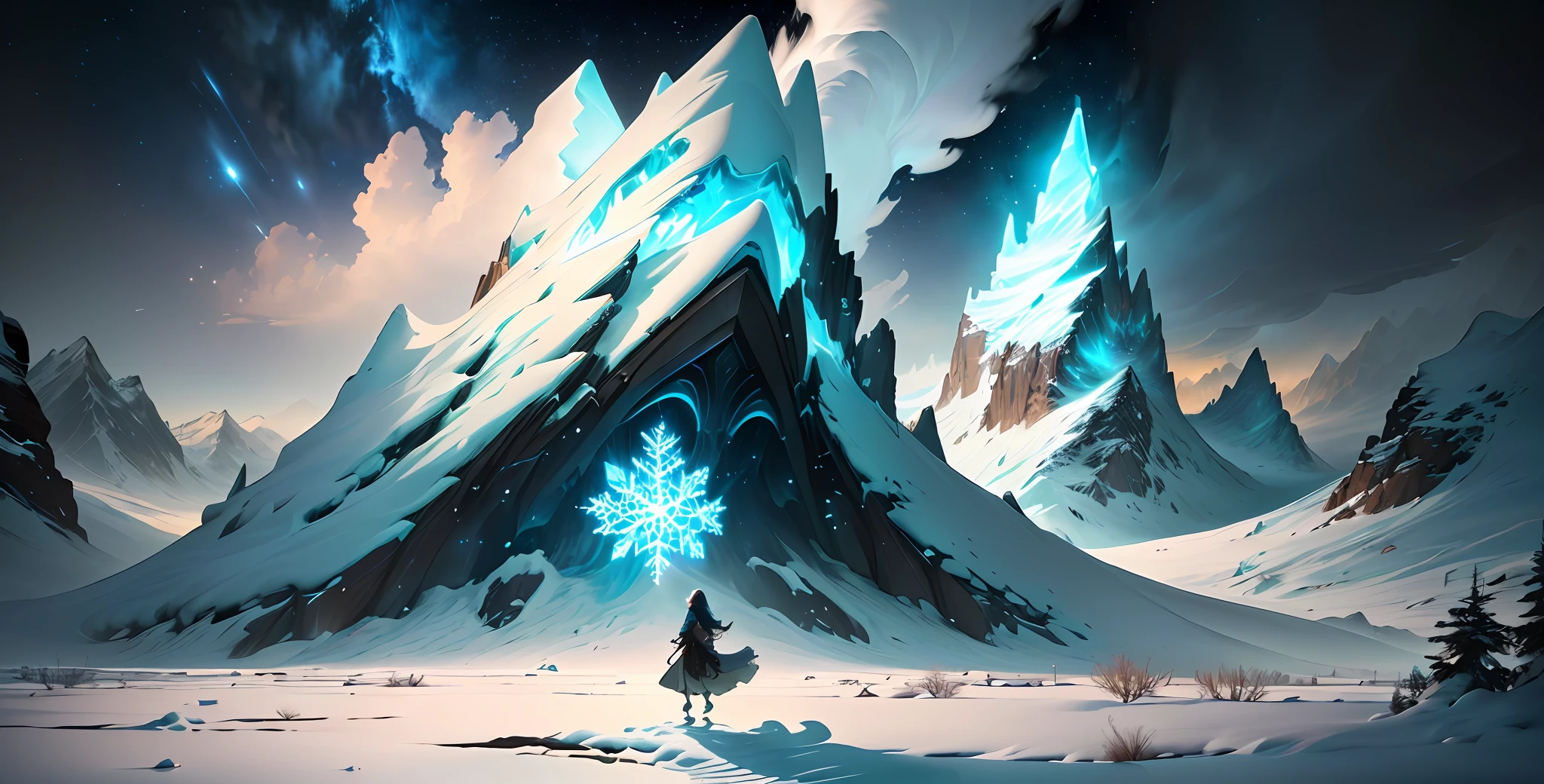 Girl Walks in the Distance, Masterpiece, Best Quality, (Highly Detailed CG Unified 8k Wallpaper), (Best Quality), (Best Illustration), (Best Shadow), Snowy Mountain, Wilderness, Snowflake Dance, Absurdity, Realistic Lighting, (Abyss), Beautiful Detail Lighting, Peter Mohrbacher's Art, (Animation Cartoon Style: 1.2)