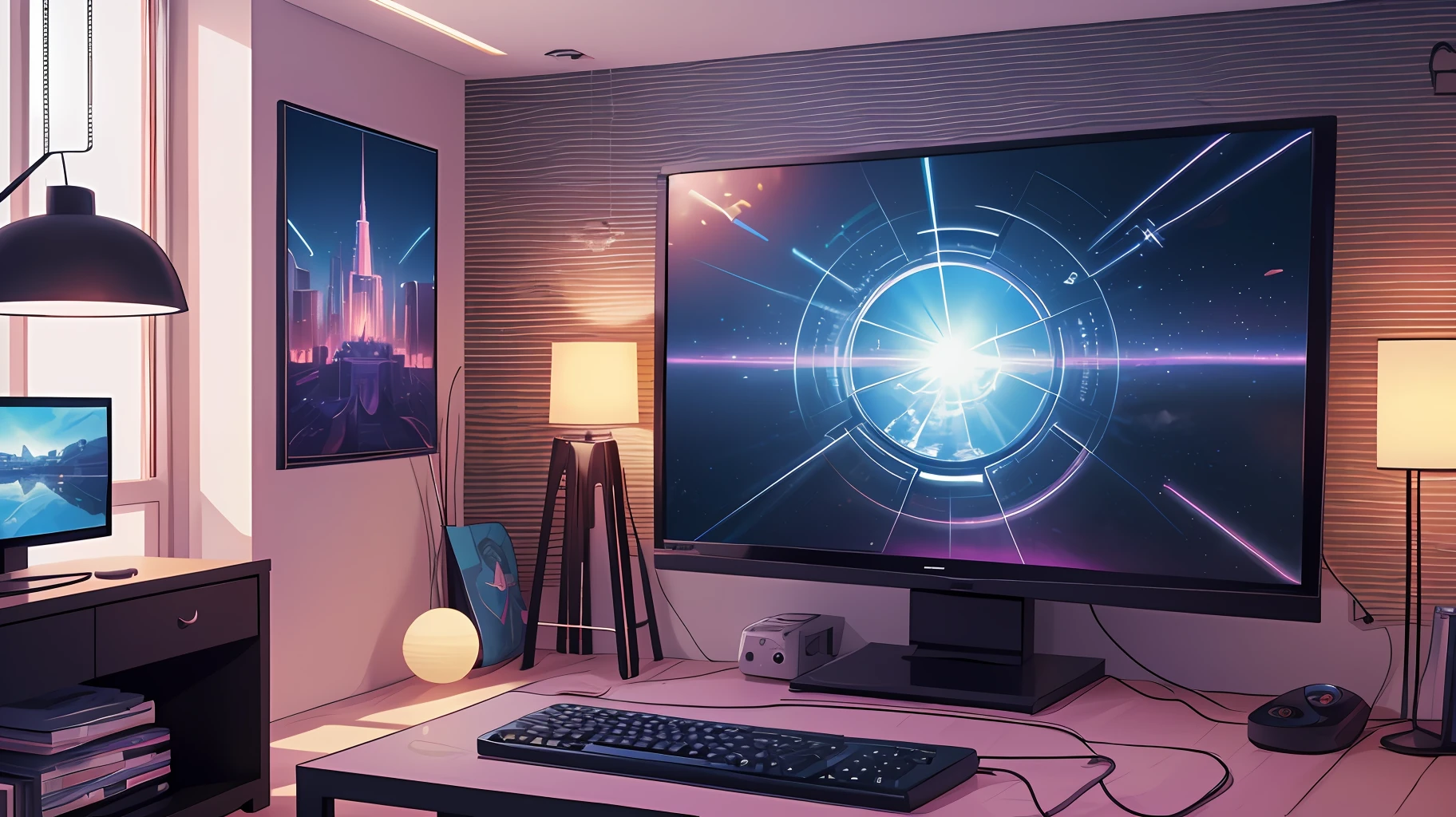 (masterpiece), (best illustration),(no humans), anime background, gaming bedroom, television with large computer, ring lighting , rim lighting,(extremely detailed CG unity 8k wallpaper),(masterpiece), (best quality), (vaporwave style), (ultra-detailed), (best illustration),(best shadow),perfect lighting , perfect anatomy , vivid colors,