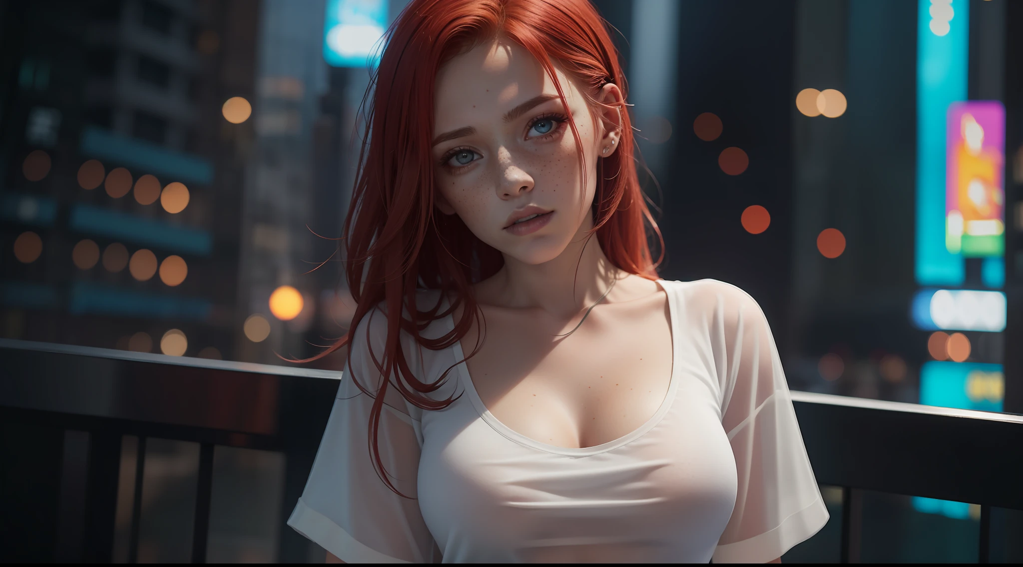 award-winning photo from waist up, portrait of a girl, redhead, freckles is sitting on a balcony, cyberpunk white shirt with V-neckline, breast visible through white T-shirt, slate atmosphere, cinematic, faded colors, dark shot, no sound colors, grainy film, insane details, intricate details, hyperdetailed, close-up, twilight, cyberpunk city background