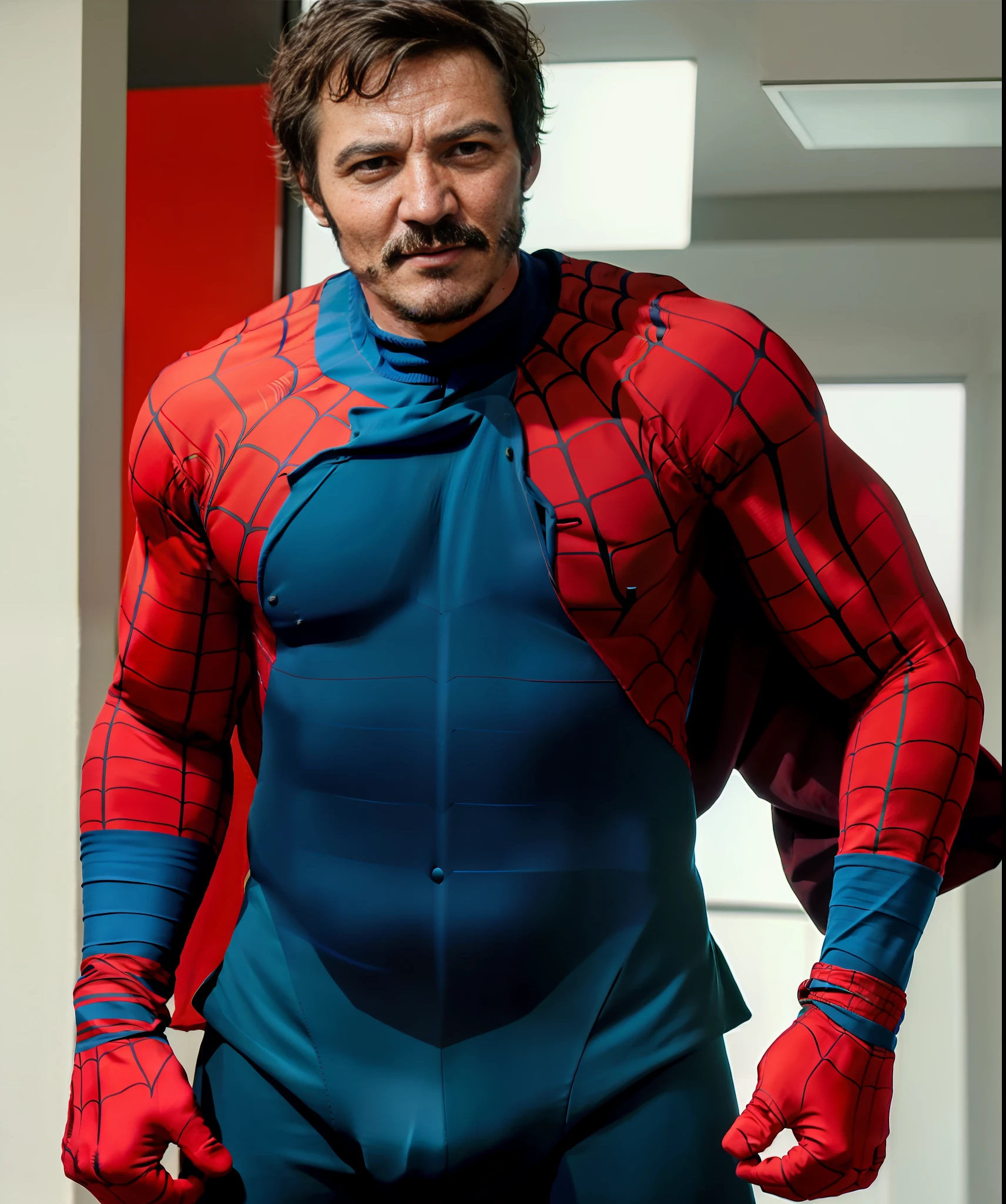 Pedro Pascal, Pedro Pascal face, in a spider-man costume body, (no face mask)