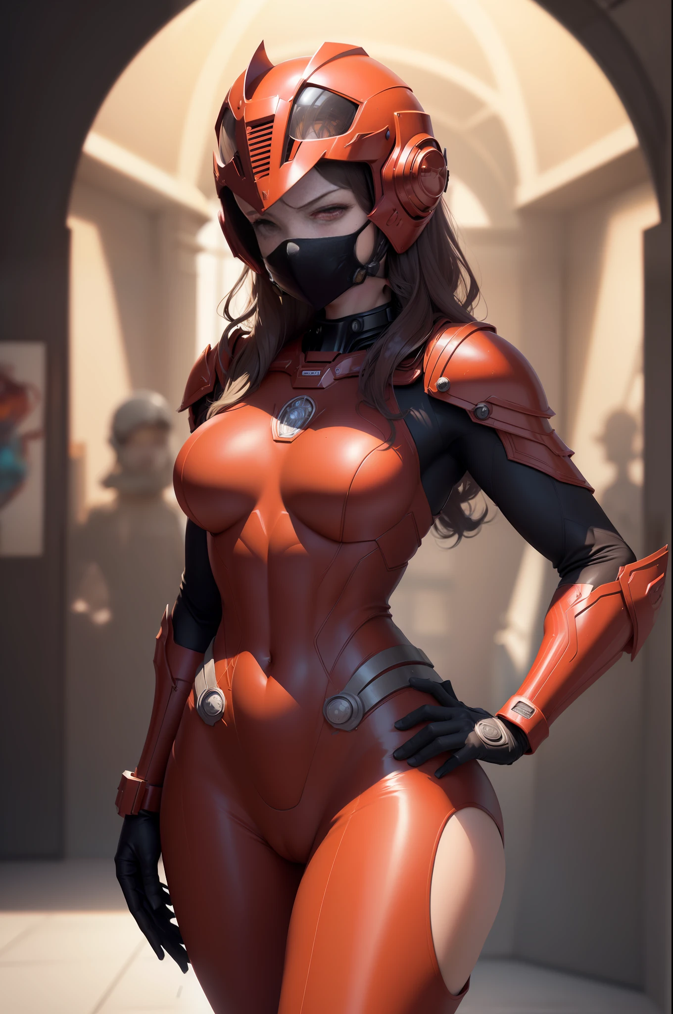 [Detailed illustrations, art based on extremely ideal anatomy, very detailed and detailed drawings, slow and delicate lines, realistic texture expression],(((Color tressed lines)),(Artwork with outstanding virtuosity),(Briefing room background),(HENTAI Anime) ((1Girl Beauty 19 years old)) Red Power Rangers (muscular (tall)), Wine Red Rubber Suit ((Lion:0.4) Helmet Full Mask (Face Shield)) ((emblem on chest and forehead)),Gravure,(Fine and beautiful skin expression (transparency))),((Perfectly proportioned proportions)),(High-level built design,((Advanced structural understanding)),Ideal color coordination),((Complex decoration ( Ultra-dense detail)),(Detail,High Definition),[Ultra-precision detail,HighQuality,High Definition,((Multilayer texture))],((Accurate simulation of light-material interaction, understanding of air flow,Mechanically correct representation)),(((Visual art with narrative feeling)).