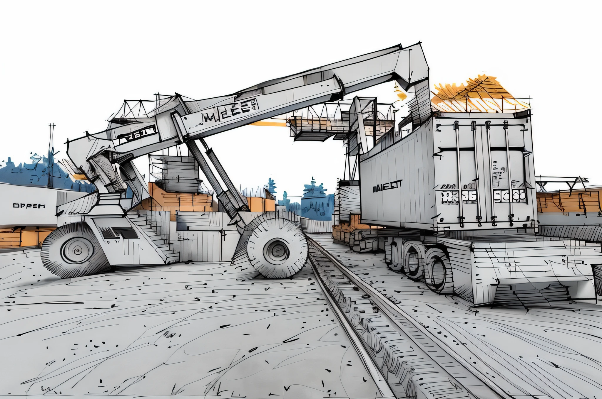 linear, gray, white background, simple background, sketch, sketch, pen_sketch_style, there is a large bulldozer that lifts the container, loading, heavy machinery, large shovel, mining scrap metal, gravel, heavy work, massive construction machines