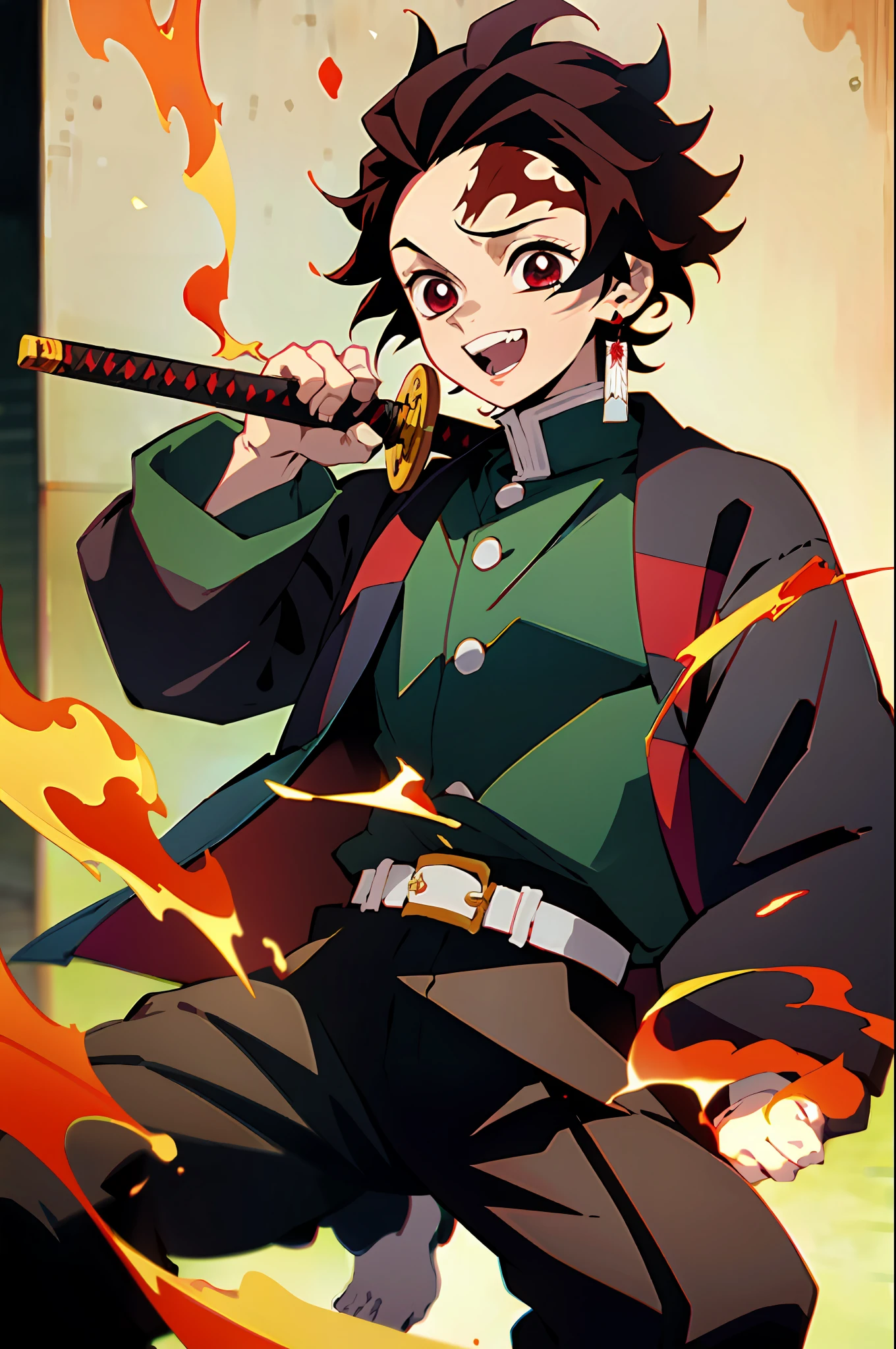 Kimetsu no yaiba style, Kamado tanjiro, demon killer uniform, 1boy, male focus, scar on face, weapon, scar, earrings, teeth, jewelry, pants, scar on forehead, brown hair, belt, black pants, japanese clothes, haori, green haori, solo, red eyes, long sleeves, anime coloring, (((masterpiece)), happy face, fire, japanese sword,