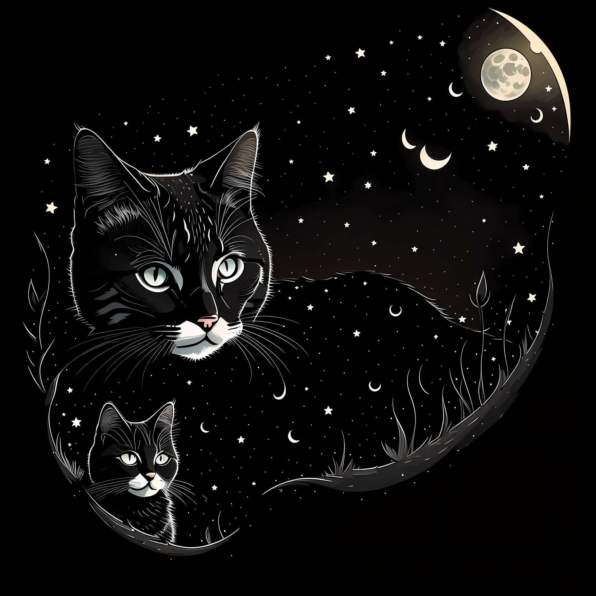 Cat Black lying in the moonlight of the night , Cartoon, minimalist vector --auto --s2