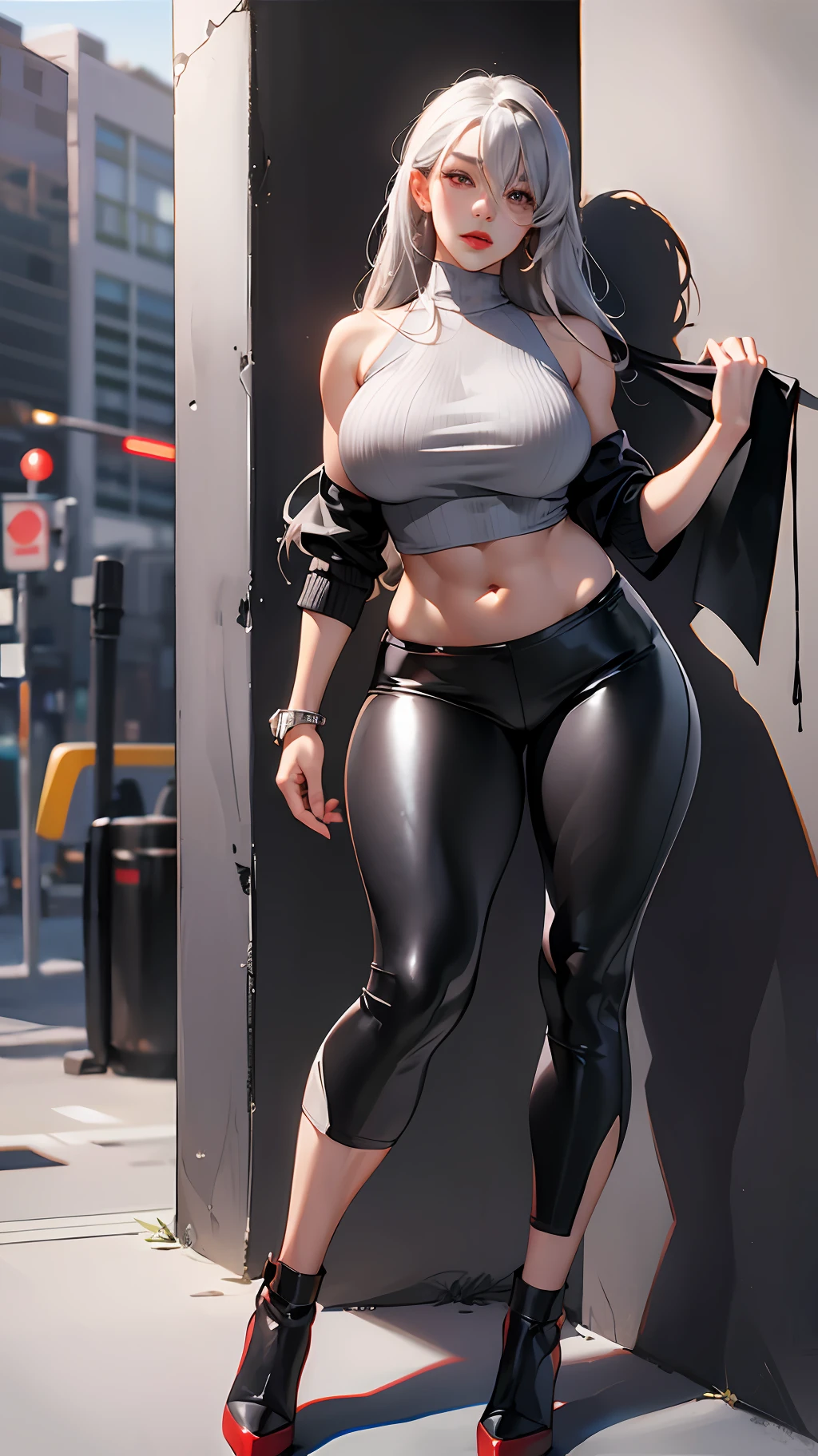 Two-metre nine-meter tall girl, bangs, bare shoulders, black pants, huge breasts, breasts squeezed together, gray background, hair between eyes, two-meter long hair hanging on the ground, huge hips, exaggerated body proportions, large thick legs, view viewer, pants, parted lips, red eyes, shirt, simple background, sleeveless, sleeveless shirt, solo, turtleneck sweater, V-arms, gray hair, (shiny skin), (Masterpiece: 1.4), (Best Quality: 1.4) ,,, Facigirl, Red Lips, Perfect Abs, Navel, Abs (: 1.5), (Clear Areola), Huge, Sweaty, Wearing Black Block Heeled Heels, Full Body Shot --auto --s2