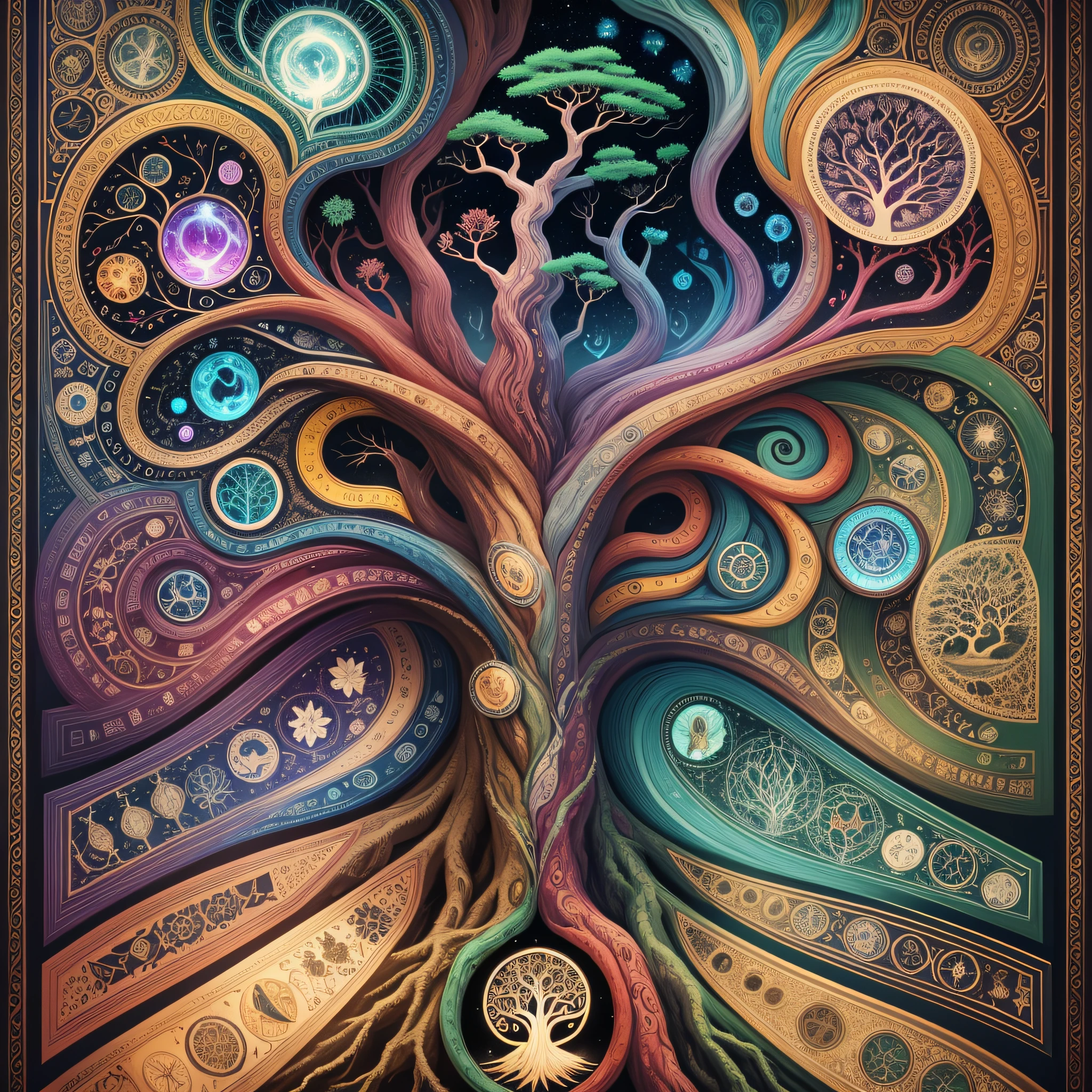 there is a picture of a tree with many different types of trees, the world tree, yggdrasil, collective civilization tree, world tree, cosmic tree of life, tree of life seed of doubt, brain tree eye holy grail, the tree of life, tree of life brains, tree of life, mystical and new age symbolism, rooted lineage, alchemical diagram --auto --s2