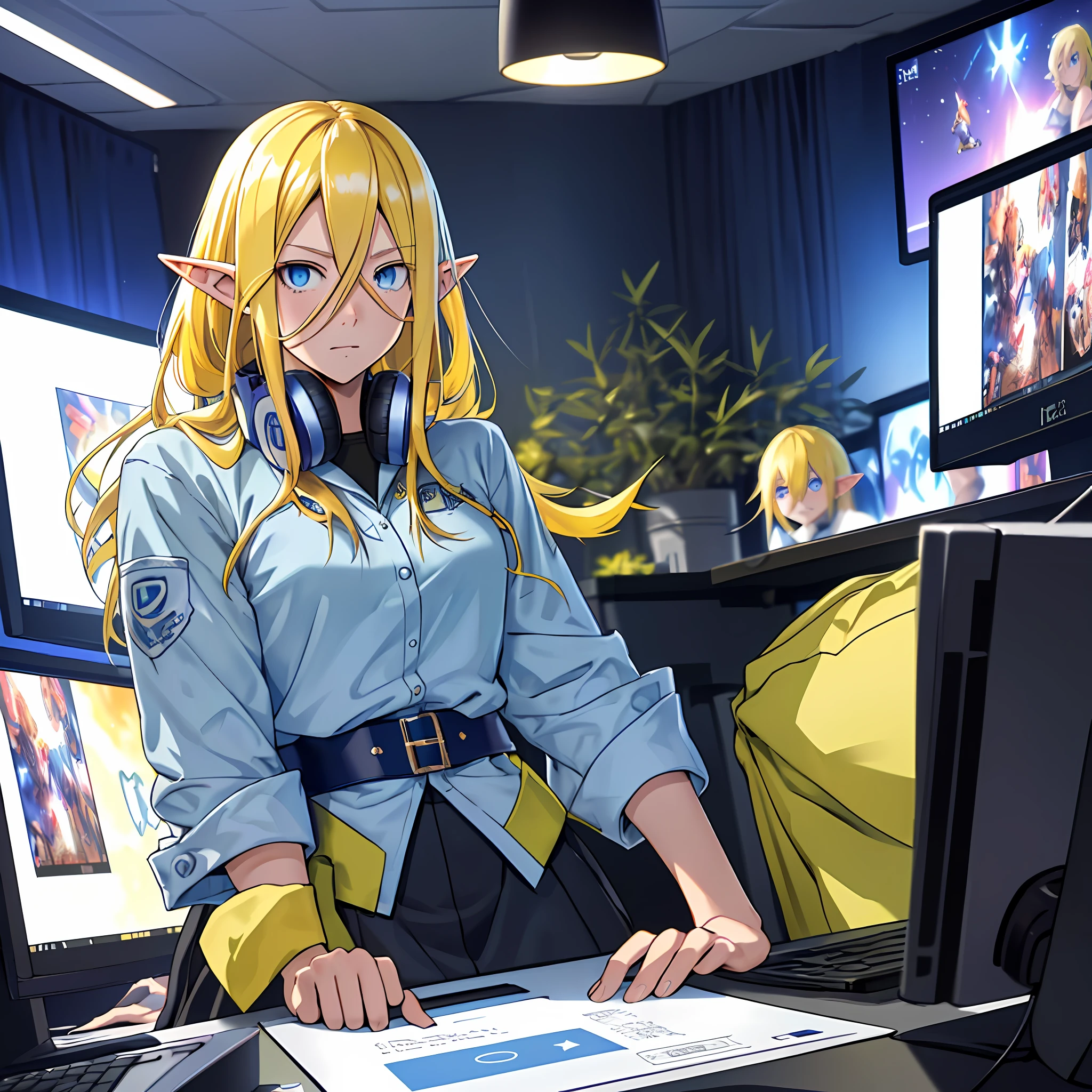 Best quality: 1.0), (Super High Resolution: 1.0), Anime girl, long yellow hair, blue eyes, sitting in front of the computer playing games, background in the esports room, Elf's ears, (((no mistakes))), (((well detailed)), (((extremely well done)))