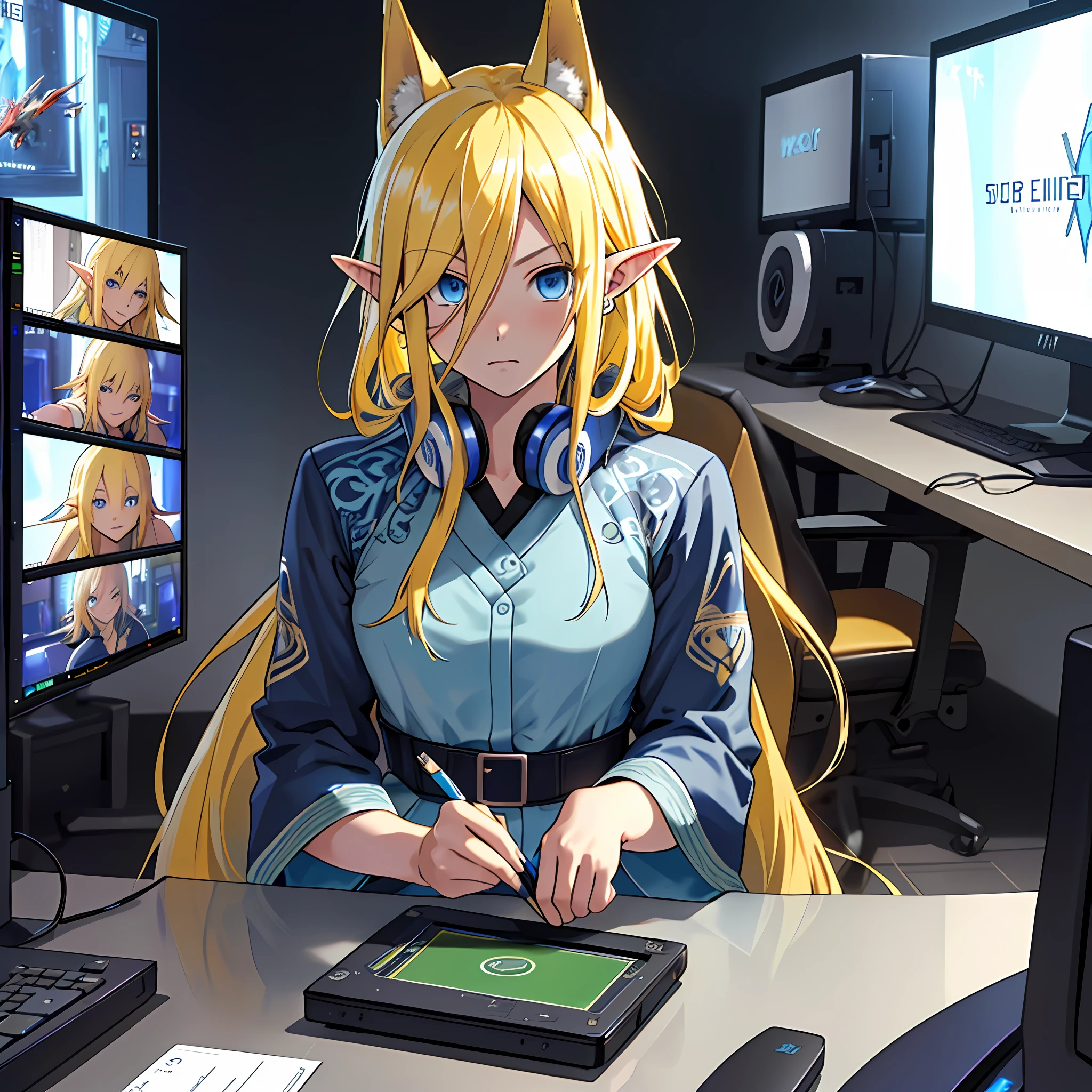 Best quality: 1.0), (Super High Resolution: 1.0), Anime girl, long yellow hair, blue eyes, sitting in front of the computer playing games, background in the esports room, Elf's ears, (((no mistakes))), (((well detailed)), (((extremely well done)))