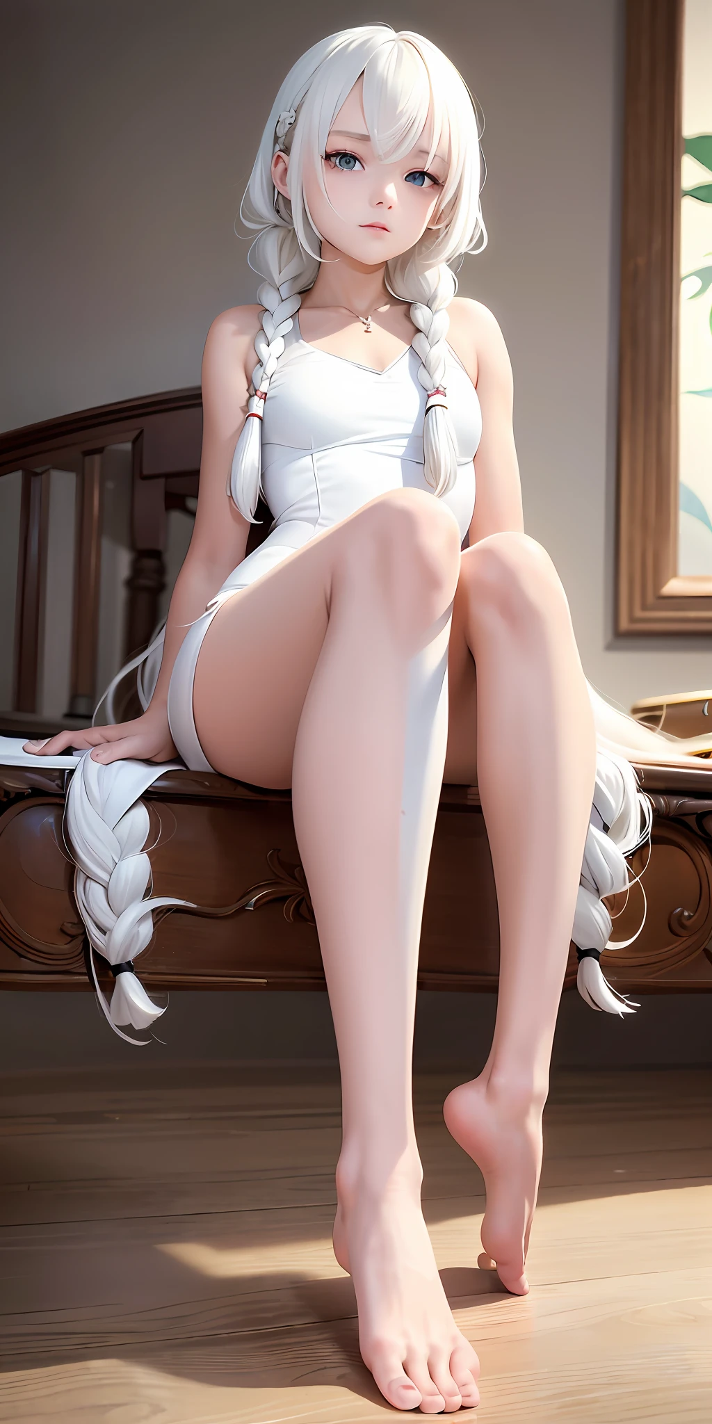Excellent, masterpiece, white hair, golden eyes, white clothes, lower body, hair, fair skin, side braids, bare feet