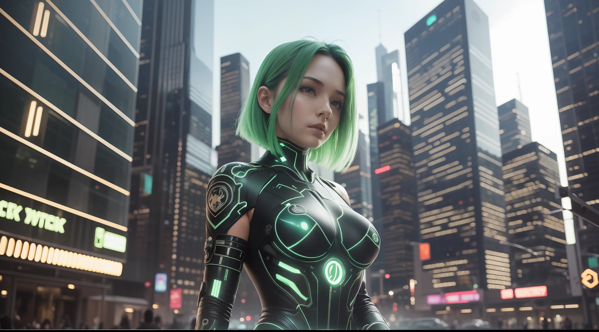 Award-winning photo from the waist up, green-haired woman showing face, alone, from torso up, with cybernetic enhancements with tattoo of magical symbols, in front of cyberpunk buildings, vibrant, photorealistic, hyperrealism, strong impressionist painting style, 1,618, elegant, ethereal, intricate, elaborate, hyper-realism, hyper-detailed, strong expressiveness and emotionality, cinematic lighting, visual clarity