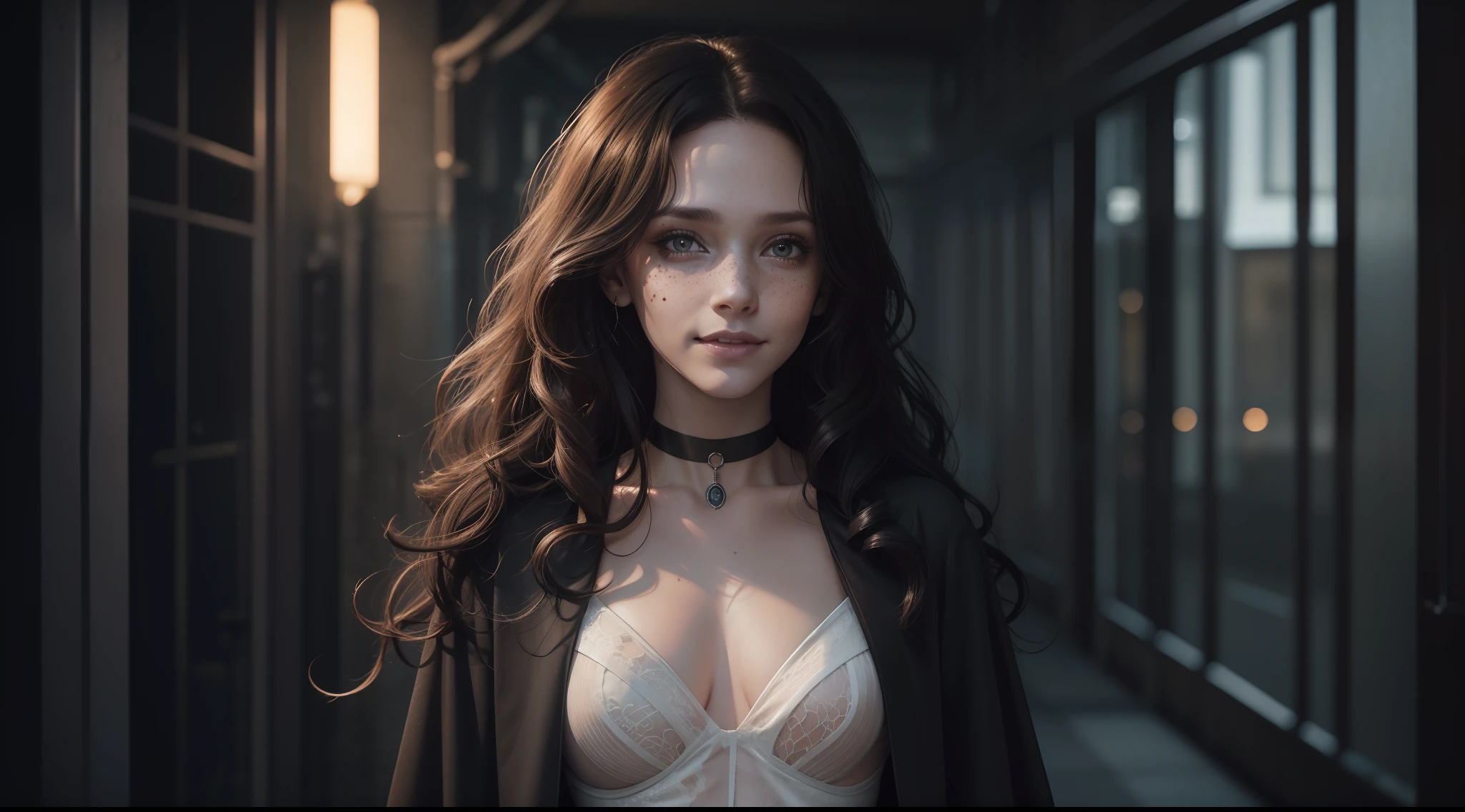 award-winning photo from the waist up, back photo of a pale woman long curly brown hair, witch, freckles, choker (Hogwarts robe:1.1), (small breasts:1.2), (holding a wand:1.1) (black shadow), (cyberpunk corridor background bokeh), (artgerm:0.5), (marauding smile:1.1), (eye focus), main light, (natural light), soft focus, cinematic portrait photography, (visible pores: 0.3) (highly detailed skin: 0.9), high quality 4k