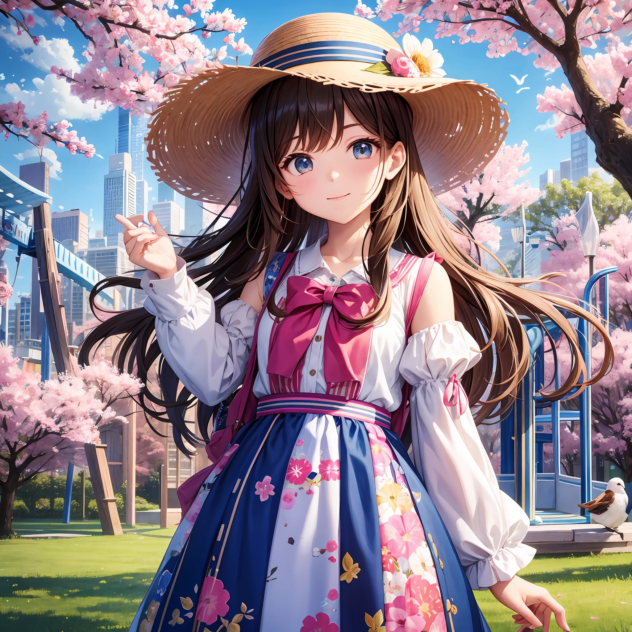 {
"background": "spring park",
"objects": [
{
"object": "girl",
"position": "center",
"expression": "bright and cheerful",
"details": {
"hair": "long and flowing, light brown",
"eyes": "big and sparkling, blue",
"clothing": "colorful dress with floral patterns",
"accessories": "wearing a wide-brimmed hat"
},
"size": "medium"
},
{
"object": "park",
"position": "background",
"details": {
"trees": "lush and in full bloom with pink cherry blossoms",
"grass": "vibrant green and neatly trimmed",
"sky": "clear and blue with a few fluffy white clouds",
"playground": "visible with swings and a slide"
},
"size": "large"
},
{
"object": "ball",
"position": "front",
"details": {
"color": "bright red"
},
"size": "small"
},
{
"object": "birds",
"position": "sky",
"details": {
"type": "various colorful birds",
"activity": "flying and chirping"
},
"size": "small"
}
]
} --auto --s2