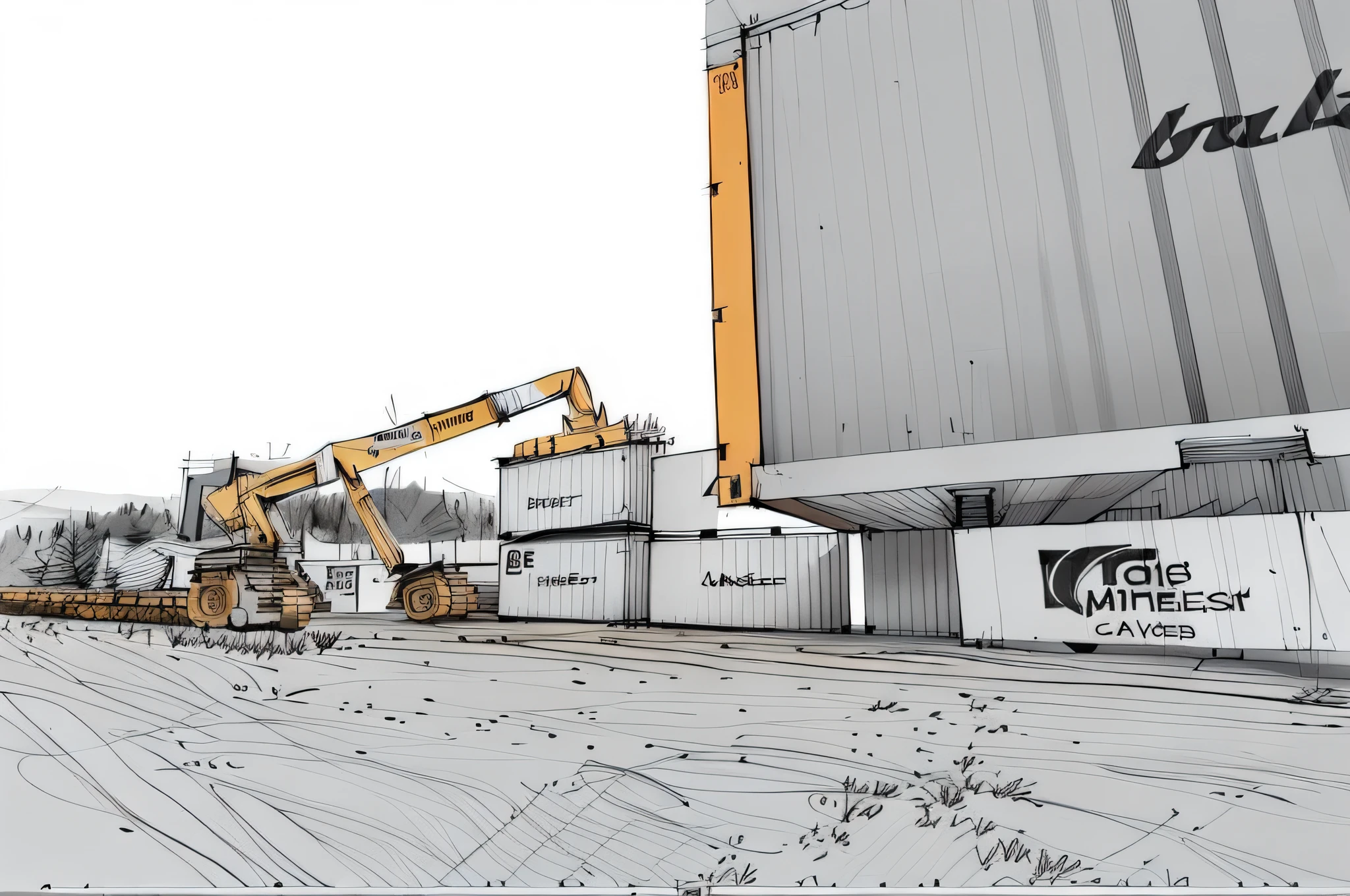 linear, gray, white background, simple background, sketch, sketch, pen_sketch_style, there is a large bulldozer that lifts the container, loading, heavy machinery, large shovel, mining scrap metal, gravel, heavy work, massive construction machines
