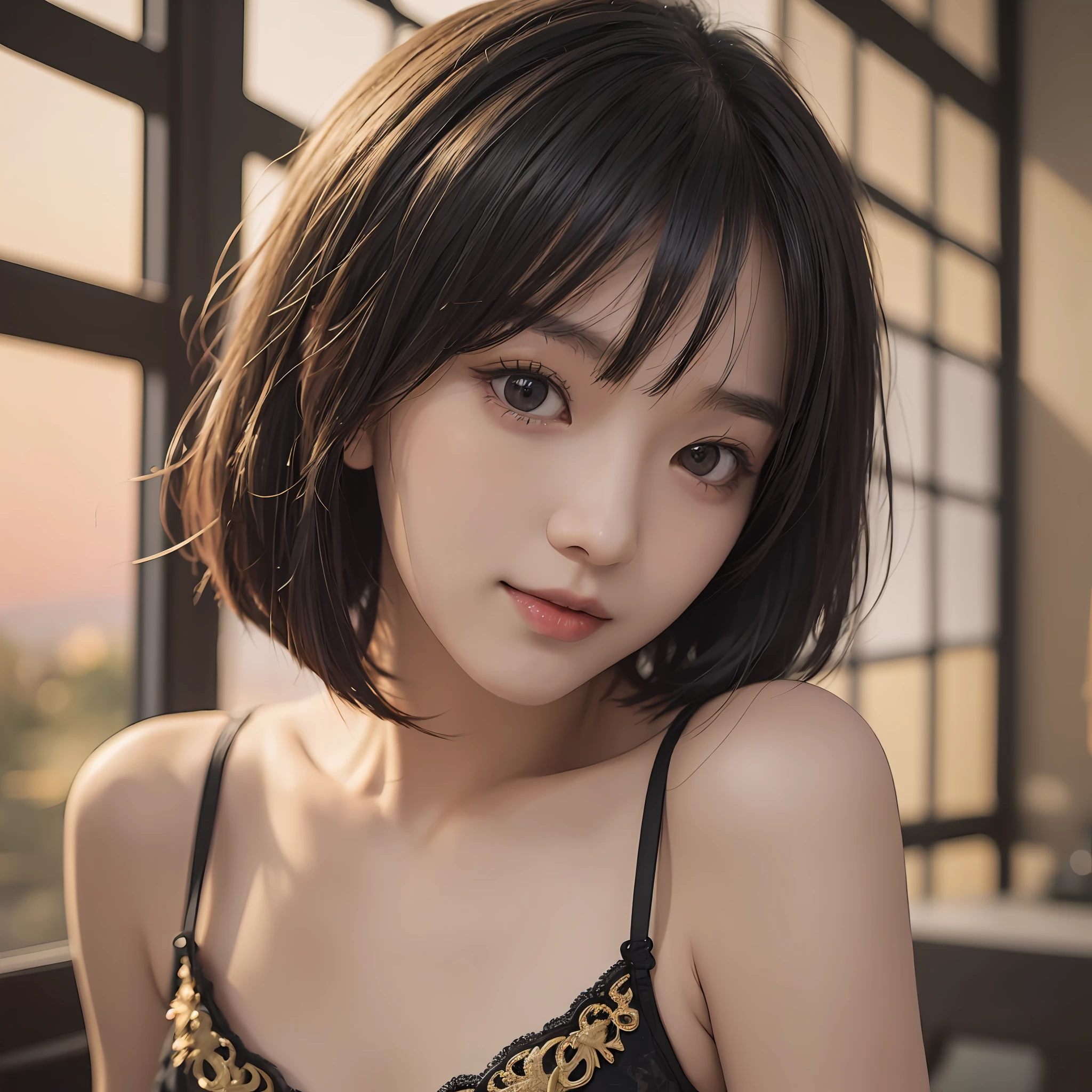 Japan beauty, slender, slender, small breasts, small ass, detailed eyes, sexy black underwear, bob cut, dark dark eyes, little smile, embarrassing, one of a kind, golden ratio, sunset, single girl, photorealistic, 16K, cute & beauty, attractive and expressive face --auto --s2