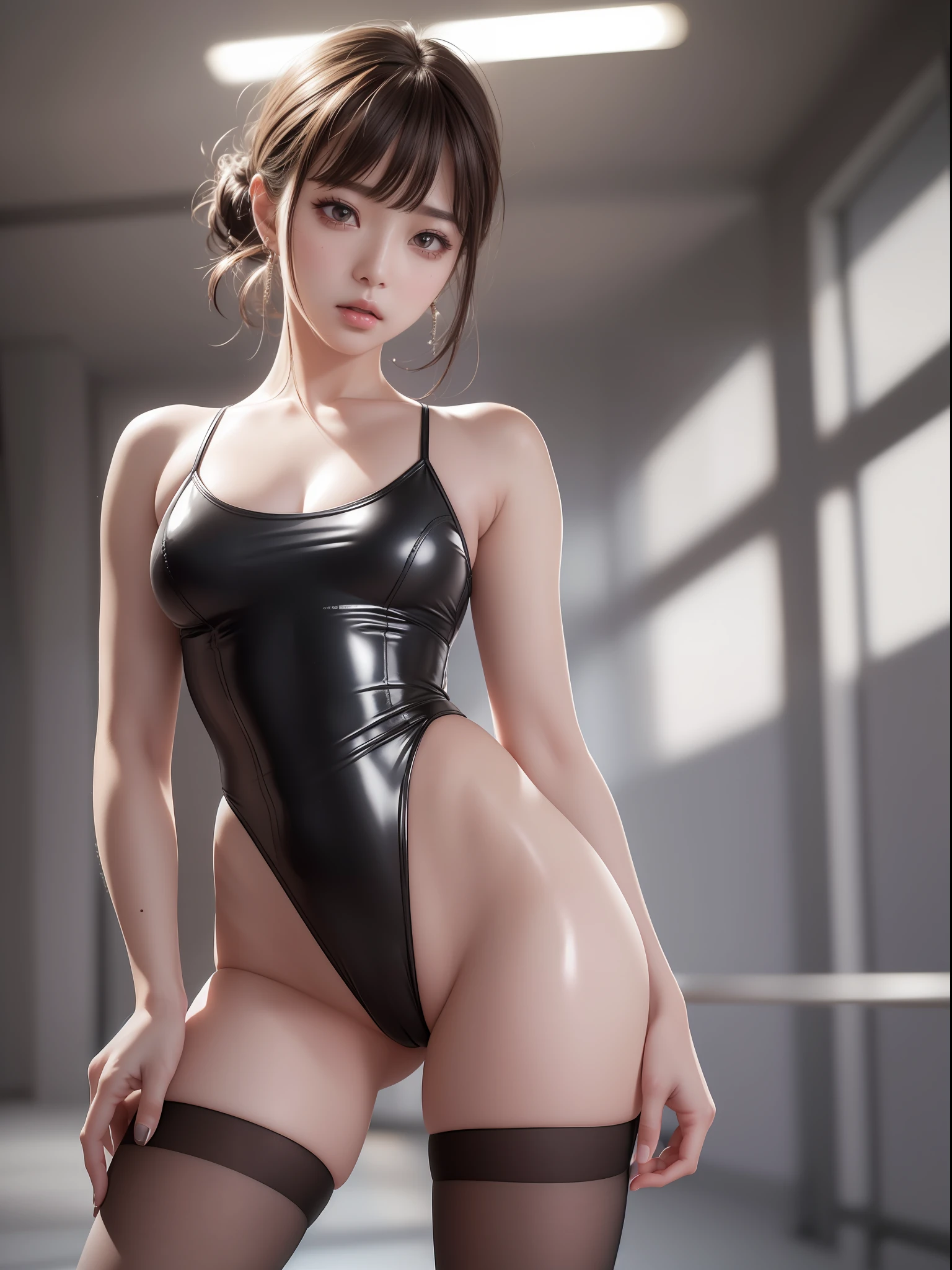 (8k, RAW photos, photorealistic: 1.25), (lip gloss, eyelashes, shiny face, shiny skin, top quality, ultra high resolution, depth of field, chromatic aberration, caustics, broadlighting, natural shading, kpop idol), troubled face, sad face, mouth wide open, rhythmic gymnastics acting, ((180 degree legs open: 1.5)), gymnasium, super high legs, big, spilling out of flesh-colored leotards, {{pubic hair visible through flesh-colored panties: 1.5}}, accentuated crotch crack, pubic hair, low angle, brown hair, princess cut, midium hair, bangs, action