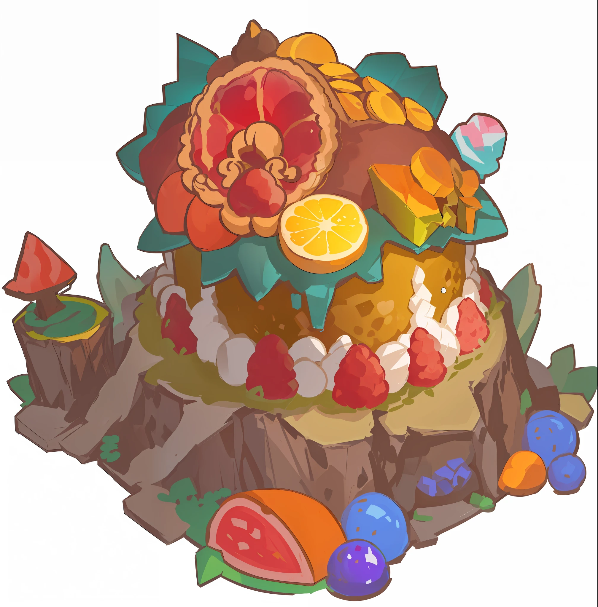Stumps piled up with food, cartoon images of cakes with fruits and candies, background art, graphics of magic terrariums, Duelyst style, overflowing feast buffet table, fruit monsters, concept art, concept art, detailed! , background artwork, candy forest, stylized concept art, rendering art, mmmmm, concept film, stylized game art, highly stylized