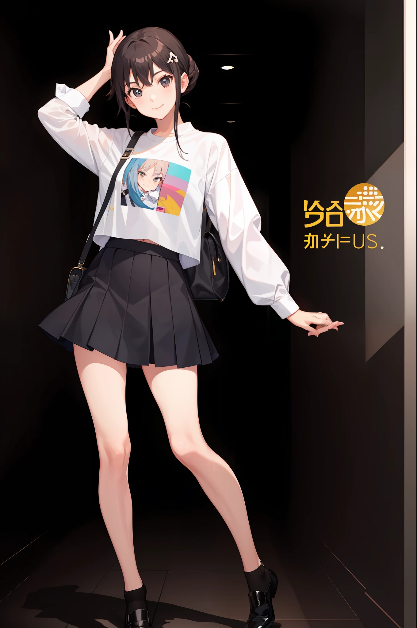 1 girl, smile, shirt, skirt, (small) chiralism,