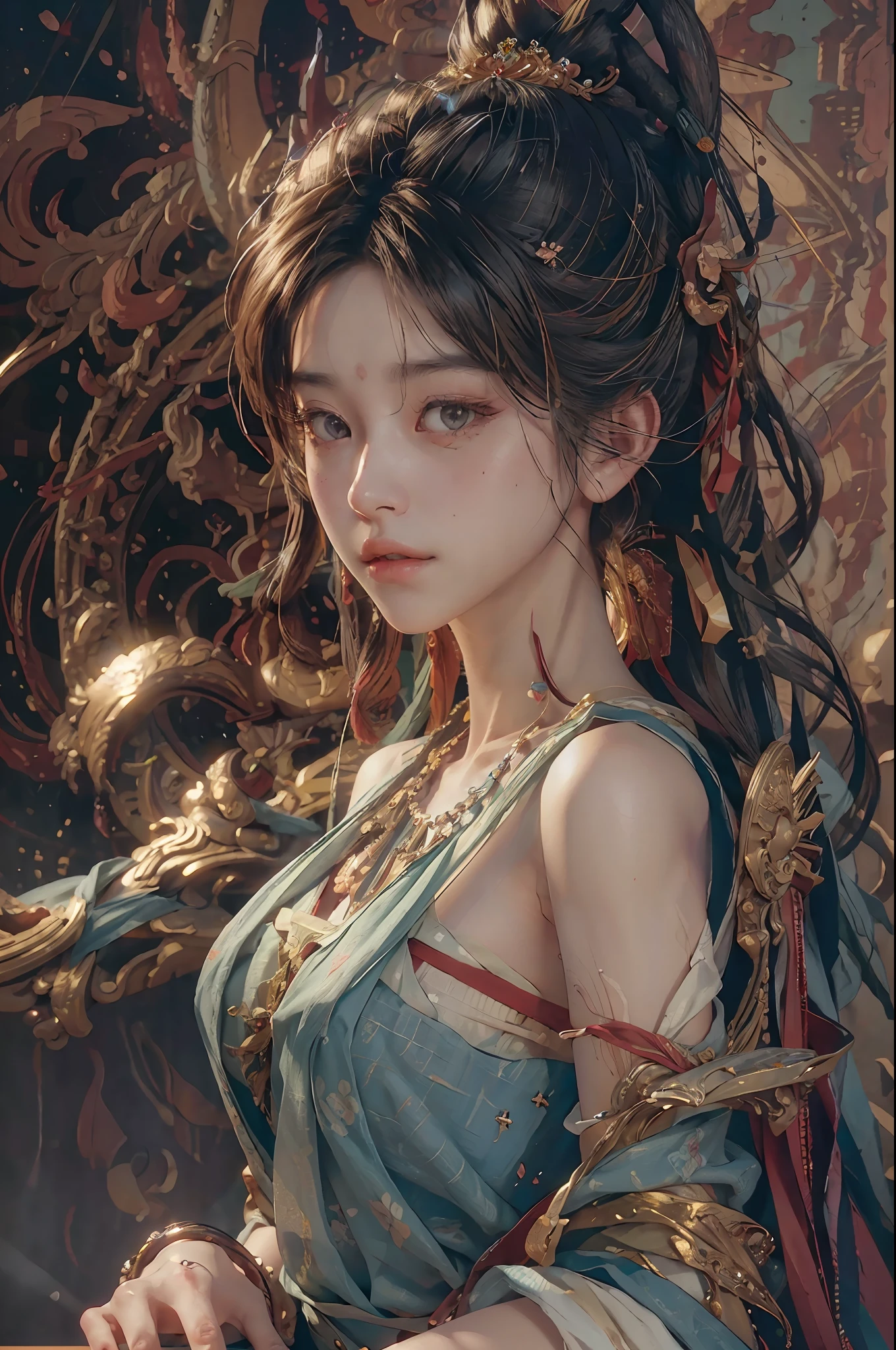 (RAW photo, best quality), (realistic, photo-realistic:1.3),best quality,highly detailed,masterpiece,ultra-detailed,illustration,1girl,upper_body,dynamic angle,world masterpiece theater,messy_long_hair,best quality,extremely detailed CG unity 8k wallpaper,ink,Amazing,cinematic lighting,lens_flare, dunhuang_style