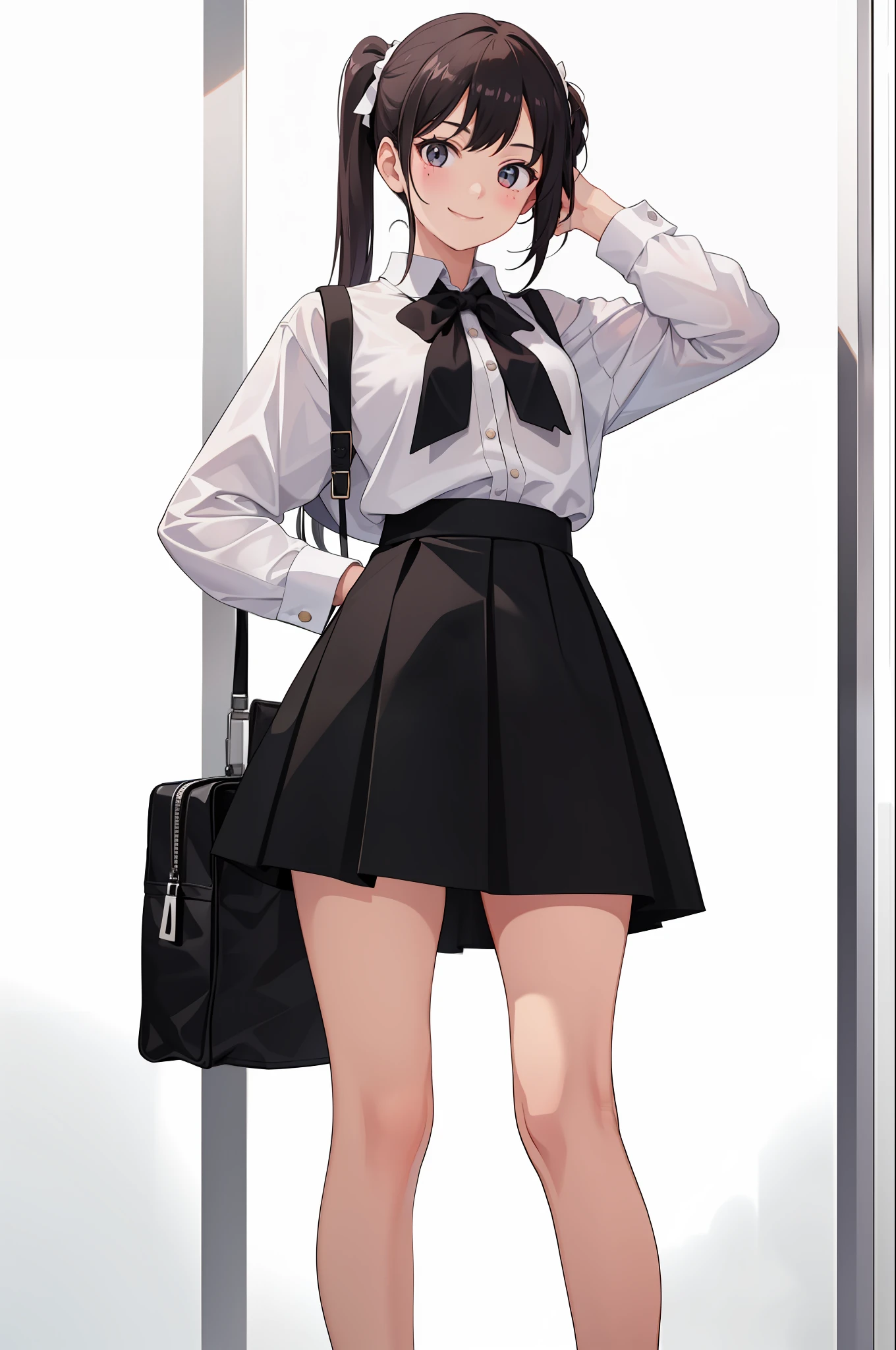1 girl, smile, shirt, skirt, (small) chiralism,