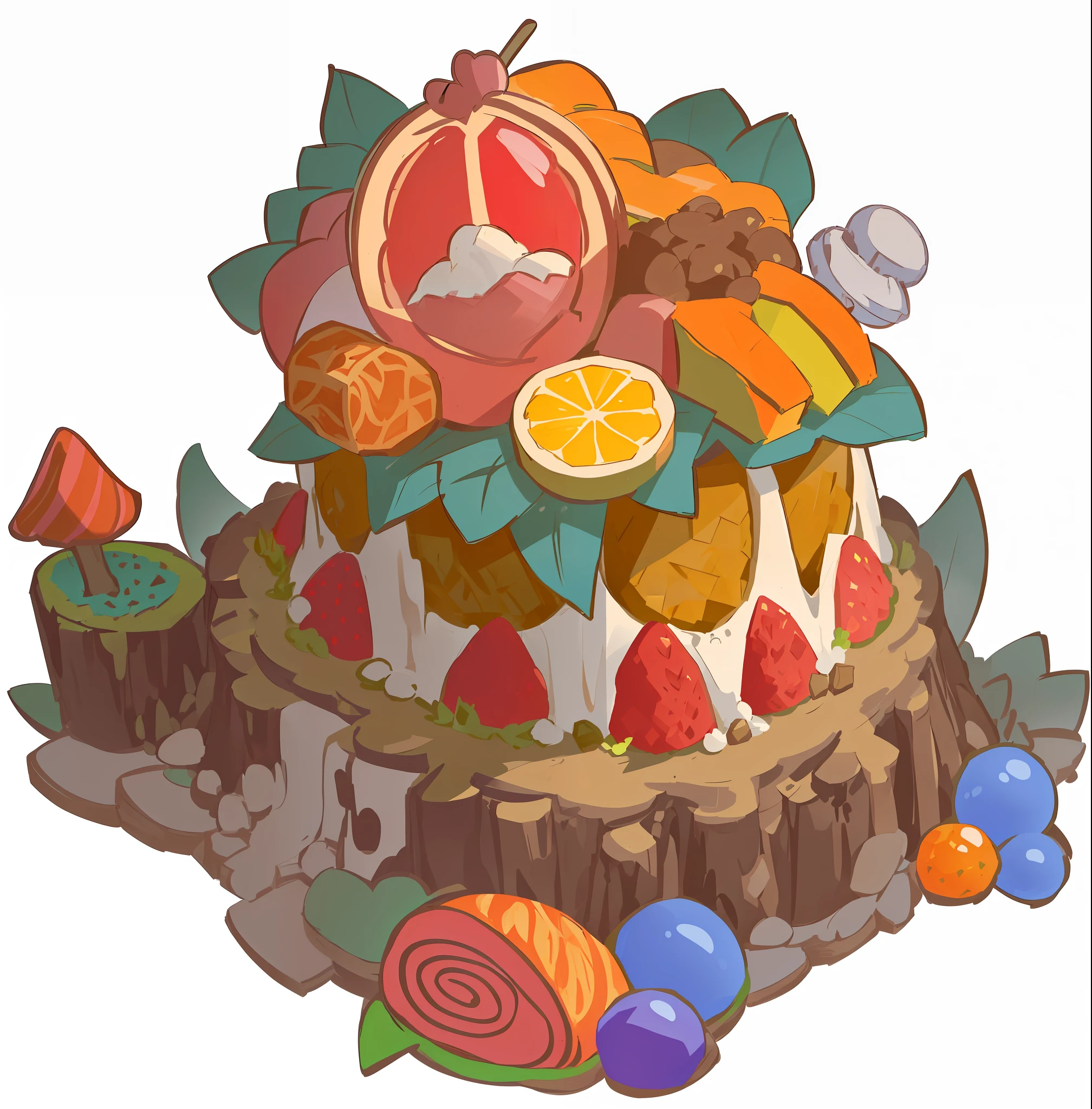 Stumps piled up with food, cartoon images of cakes with fruits and candies, background art, graphics of magic terrariums, Duelyst style, overflowing feast buffet table, fruit monsters, concept art, concept art, detailed! , background artwork, candy forest, stylized concept art, rendering art, mmmmm, concept film, stylized game art, highly stylized