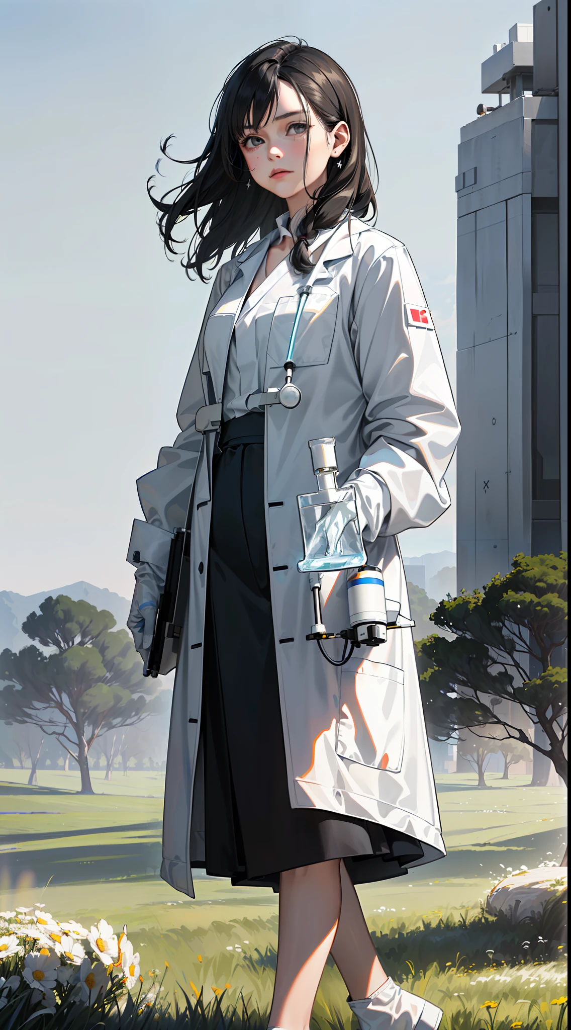 Movie Poster,Solo,(Most Realist:1.5),Highest Resolution,Face Resolution,(((Medium Length Hairstyle: 1.5)),Science Fiction,Sci-Fi,Movie Based Foundation,View from front,Angry,Adult,(39-year-old middle-aged woman : 1.5),Dark black hair,Light gray eyes,(Squint:1.3),(Reference set of white scientists:1.6),(Filed in the middle of an open meadow with a breeze:1.4),Highest quality images