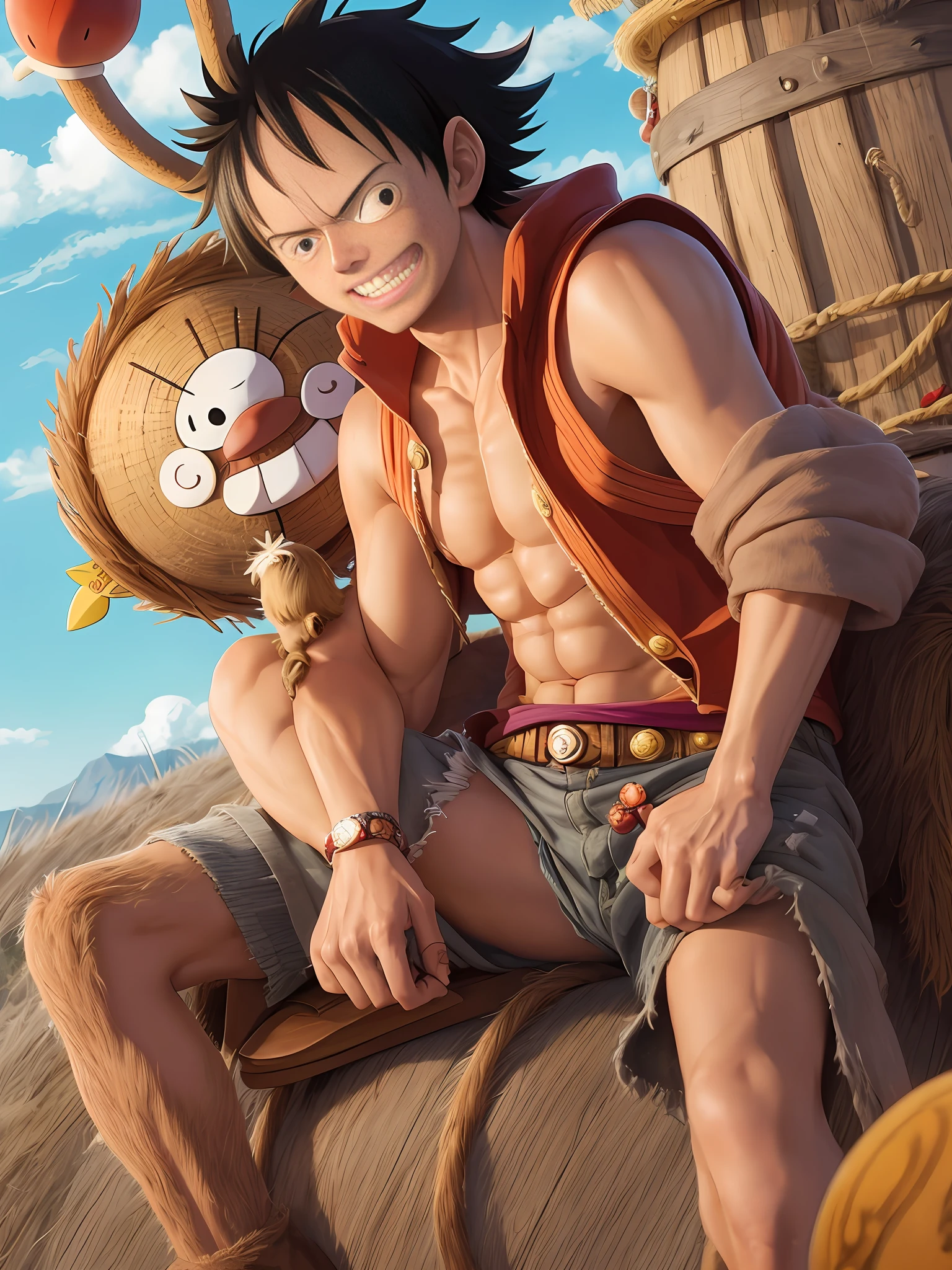 Monkey D. Luffy with Chopper: Monkey D. Luffy, the captain of the straw hat crew in "One Piece", befriends Tony Tony Chopper, a reindeer with the powers of the Fruit of Hormony. Chopper becomes a valuable member of the crew, using his special abilities to help Luffy on his adventures.