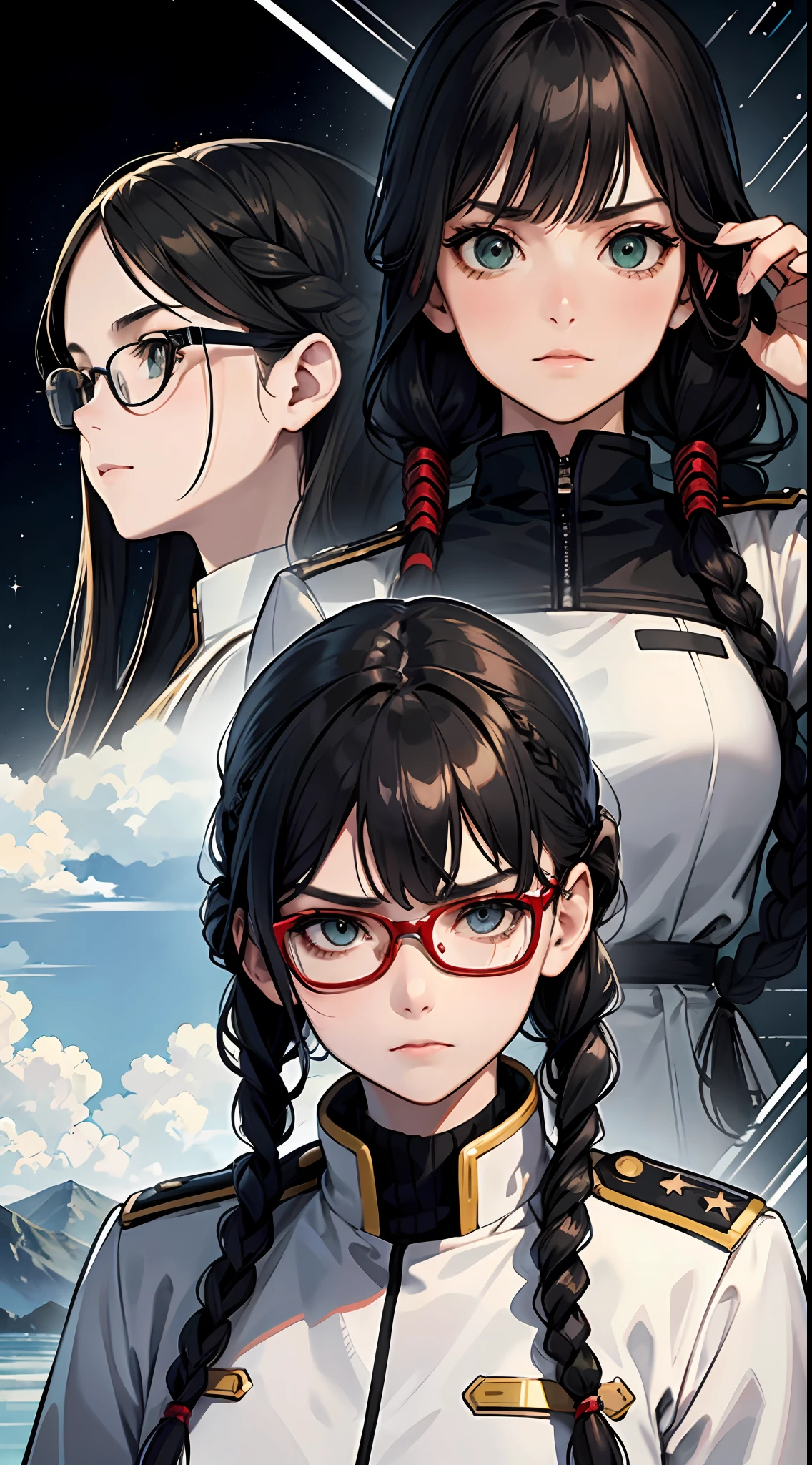 Movie Poster,((Braid Hairstyle : 1.5)),Anime Reference 86 ,Science Fiction,Sci-Fi,Movies,War Action Movies,Space,Atmosphere,Sky,Battleship,Multiple Characters,Women,Adults,Green Eyes,Black Hair,(Pia bangs hairstyle) : 1.8 ),(Red Glasses),General Uniform,White Commander Uniform,Serious Face Frowning,Realistic Face Detail,Realism,3D Face,