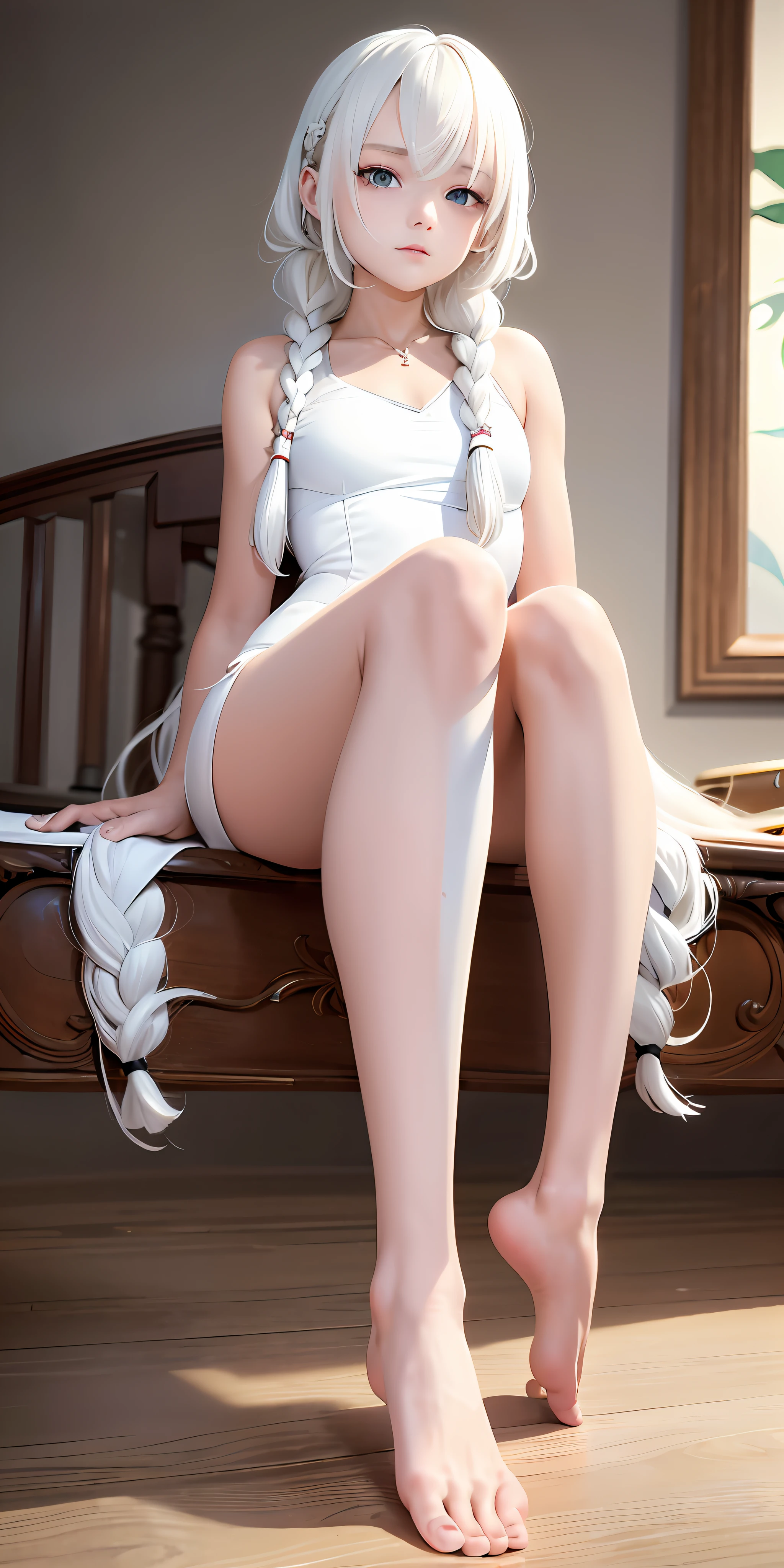Excellent, masterpiece, white hair, golden eyes, white clothes, lower body, hair, fair skin, side braids, bare feet
