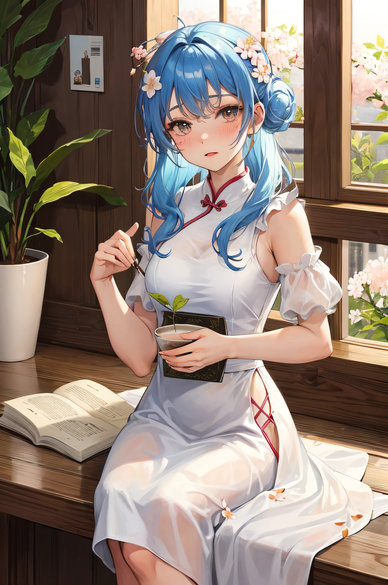girl, coffee, café, table, messy buns, straw, sunlight, window, comfort, tranquility, flowers, aesthetics, soft, life slice, relax, morning, leisure, tranquility, warm atmosphere, steam, peace, daydream, aromatic, latte art, book, potted plant, cherry blossom, blush, contemplative, gentle, sophisticated, whimsical, blue hair, cheongsam, wavy pattern