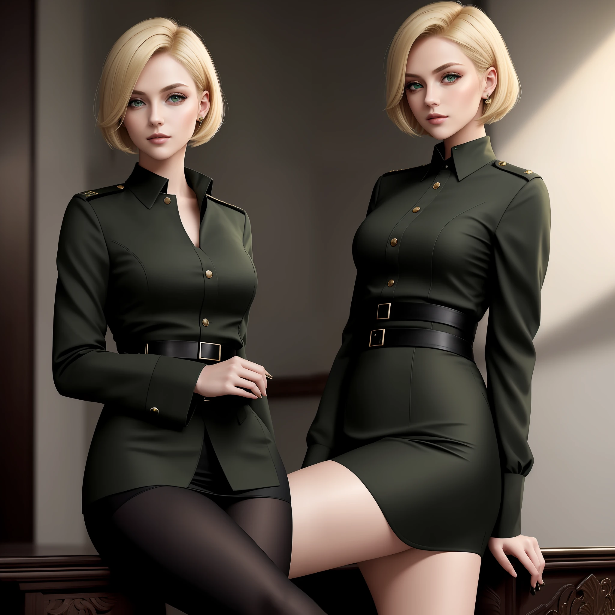 (Masterpiece) 8K resolution, blonde short bob, tall, seductive deep green eyes, elegant and attractive, black military fashion,