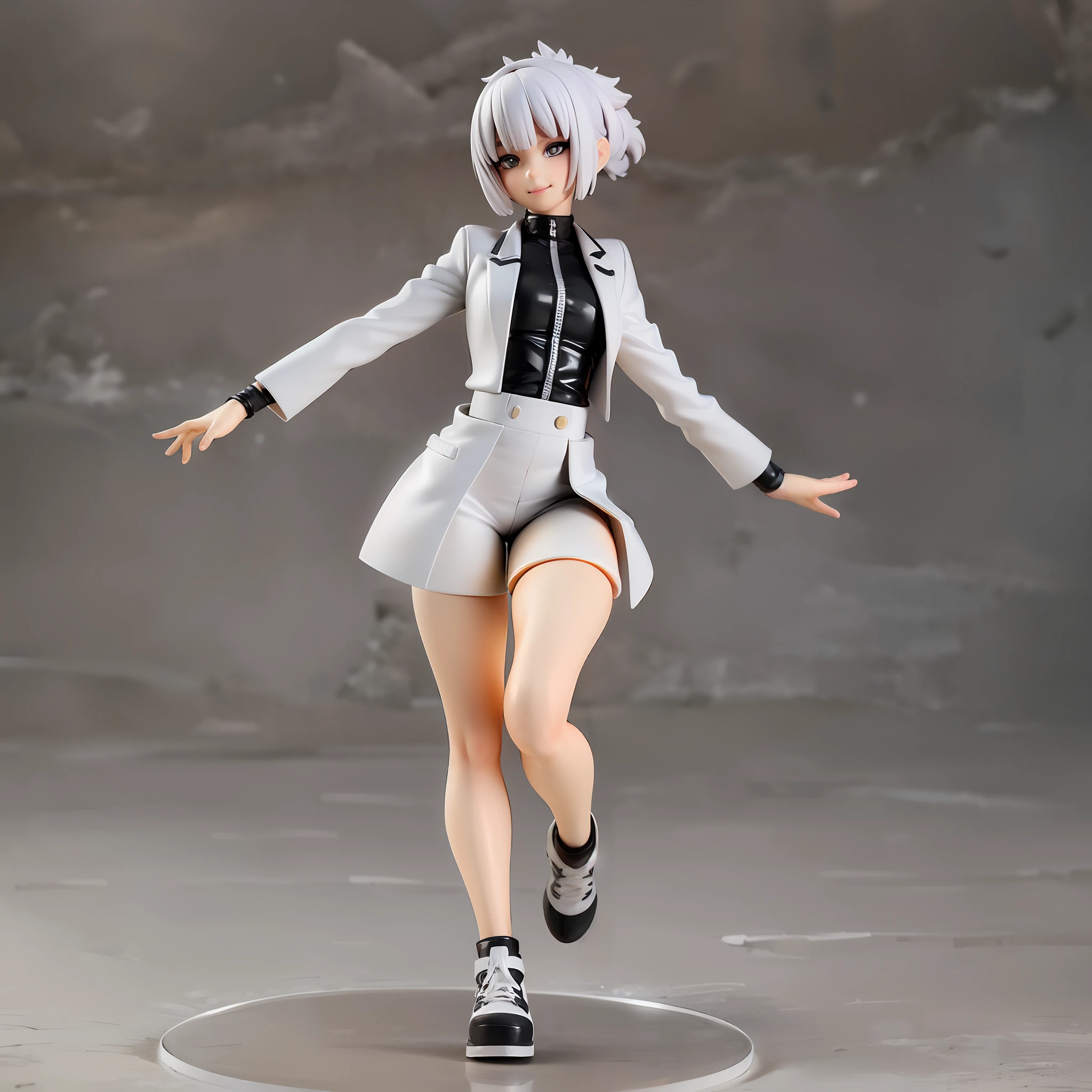 figure, simple background, white background, white hair, short cut,1girl,short pants, sneakers, beautiful eye, full body, dancing, looking away, black suit,[realistic], [3d], smile, closed mouth,(8k, RAW photo, best quality, masterpiece:1.2), ultra high res, photo realistic, professional lighting, detailed lighting, professional photography, high quality, high res, extremely detailed, depth of field, sketch, sharp focus, soft lighting, detailed, detailed skin, to8contrast style