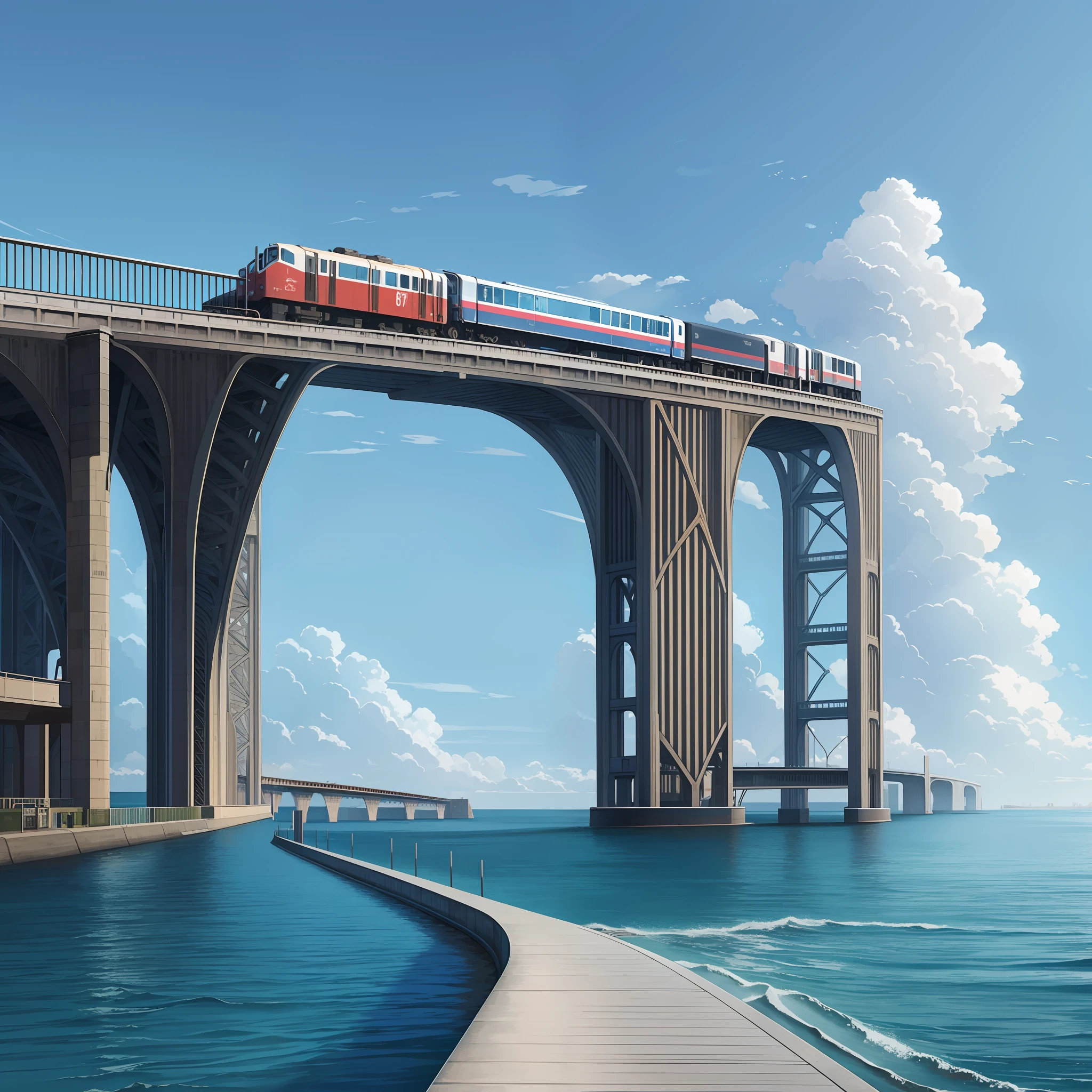 On the sea, there is a modern viaduct, which extends from left to right, and the perspective can see a train passing by on the bridge, and a city in the distance