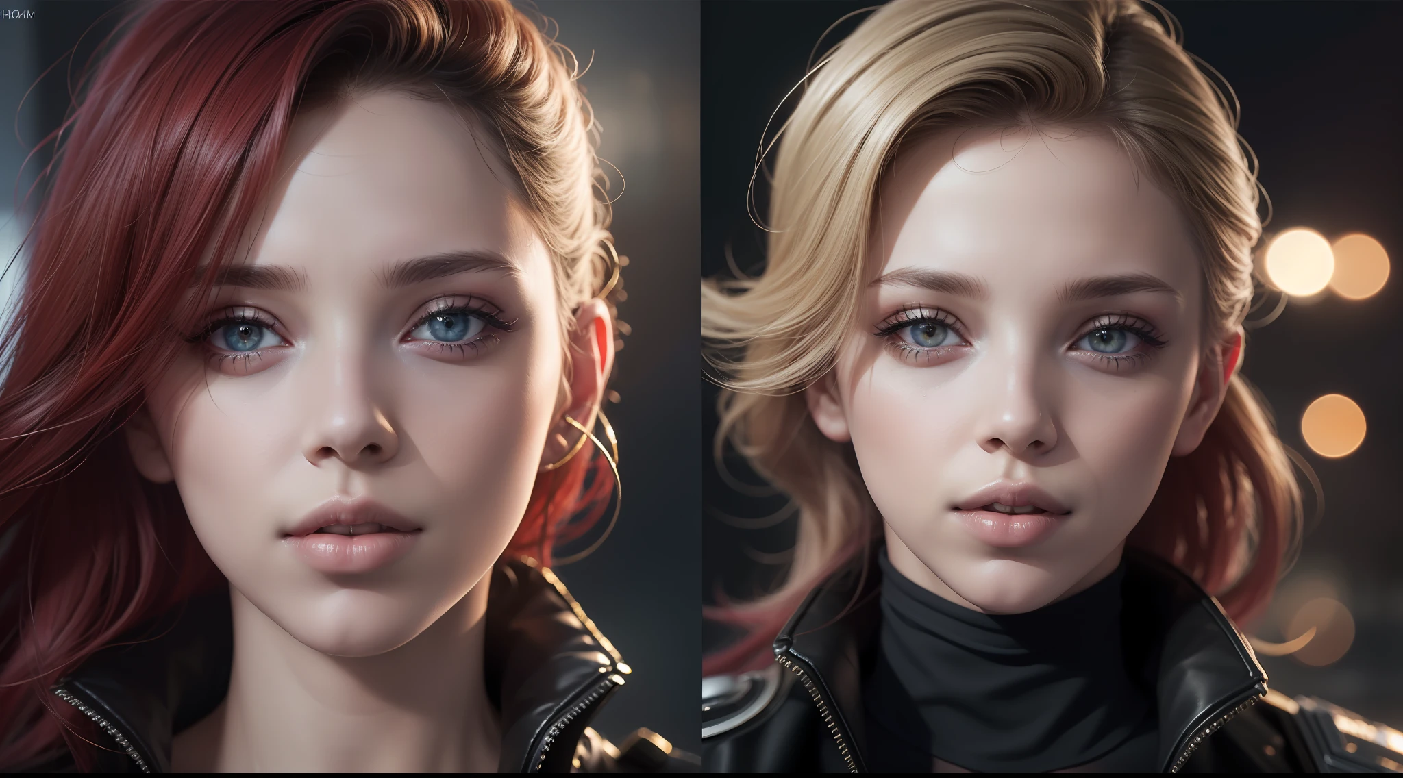 award-winning photo from the waist up, (8k, RAW photo, best quality, high resolution:1.2), (realistic, photorealistic:1.37), 1girl, Scarlet Johansson, ((lips half-open)), light hair, light smile, seductive eyes, (upper body: 1.3), looking at the viewer, beauty sign, normal breasts, cyberpunk clothing, neckline, (eye focus, 135mm lens, F/1.8, lens reflection),