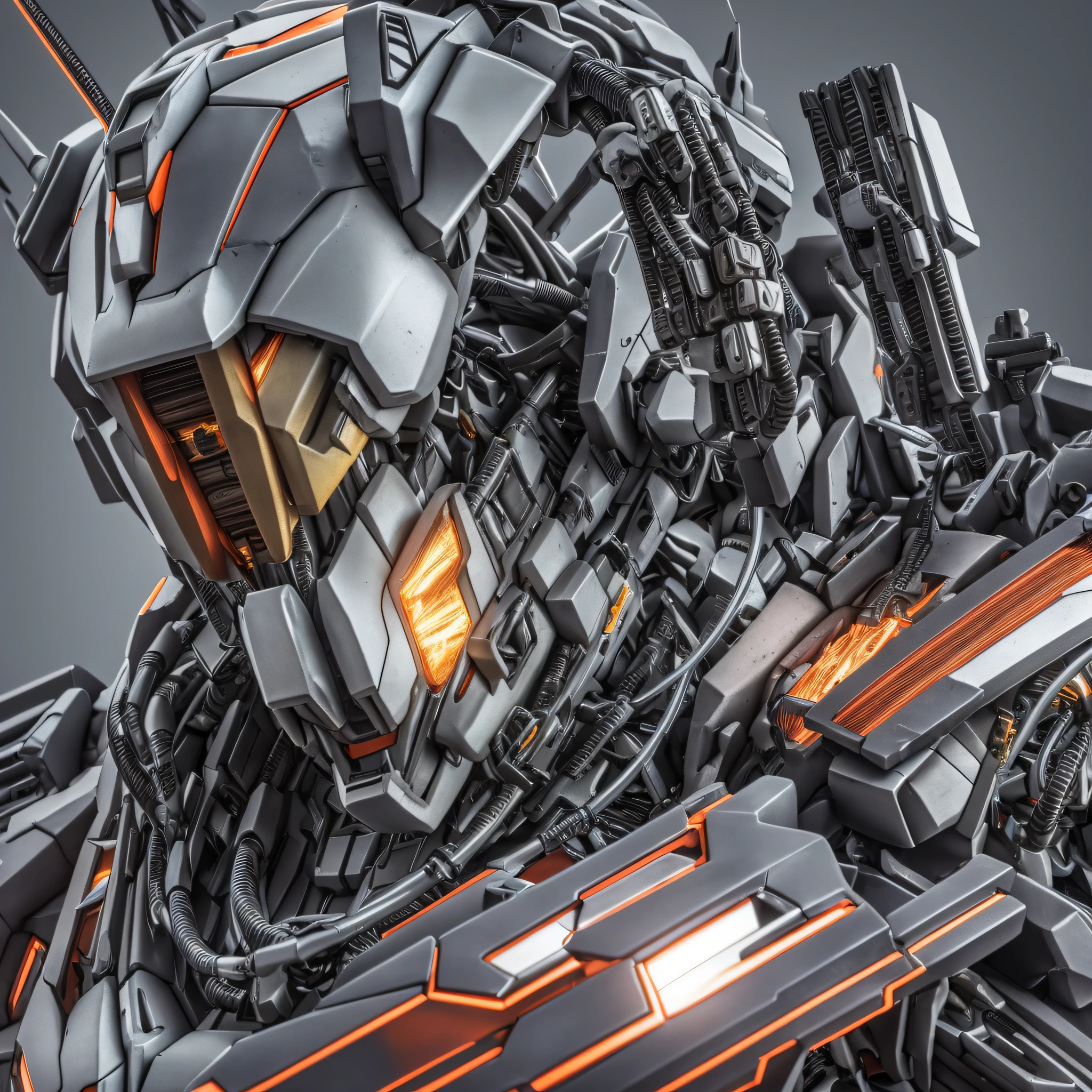 Gundam Mech, ((Super Realistic Detail)), Portrait, Global Illumination, Shadows, Octane Rendering, 8K, Super Sharp, Metallic, Complex, Decoration Detailed, Cool Colors, Egyptian Detail, Highly Complex Detail, Realistic Light, CGsociety Trend, Glow Eyes, Facing Camera, Neon Detail, Mechanical Limbs, Cables Attached to Tubes, Mechanical Vertebrae Attached to the Back, Mechanical Cervical Vertebrae Connections to the Neck, Seated, Wires and Cables Attached to the Head --auto --s2