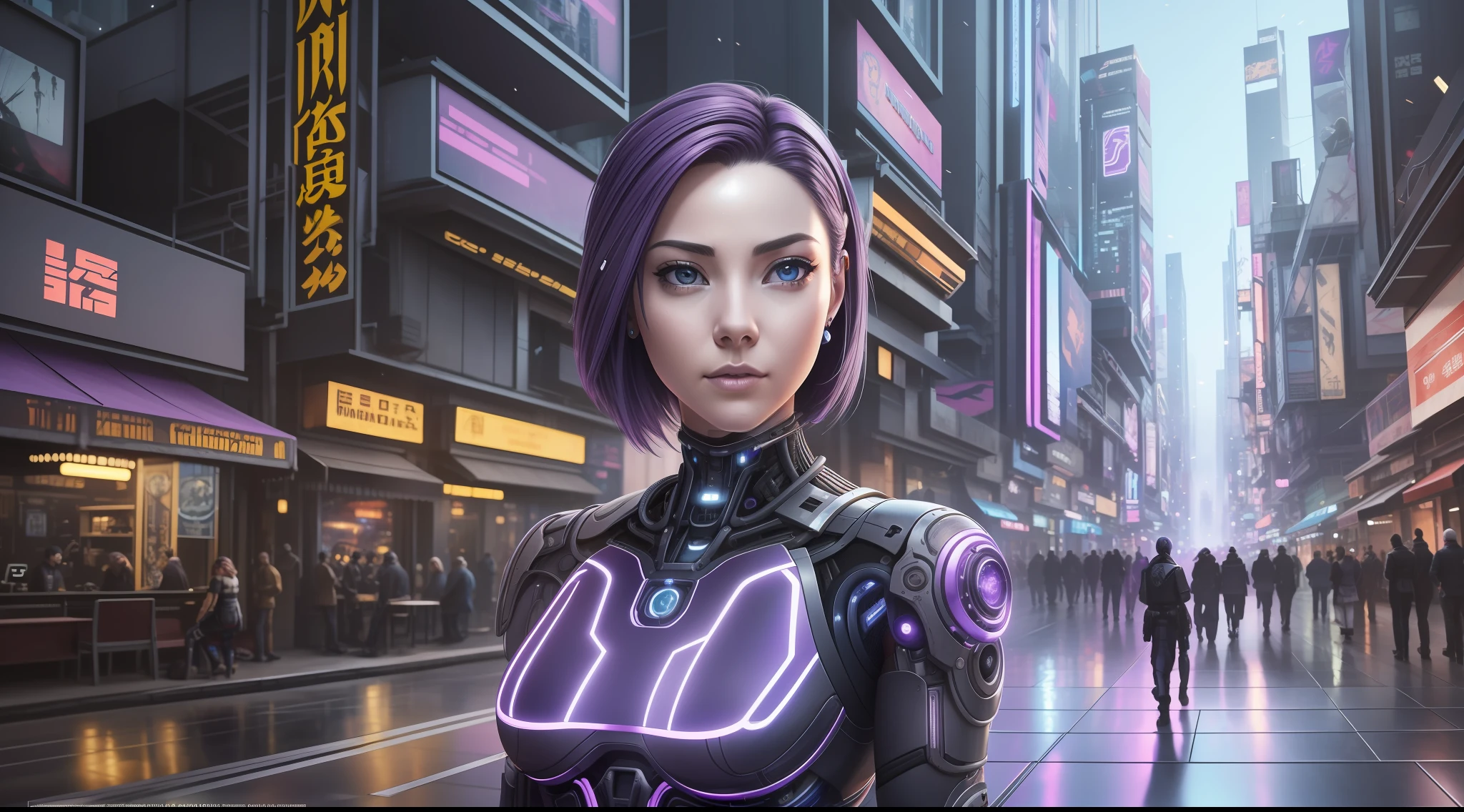 Award-winning photo from the waist up, purple-haired woman showing her face, alone, from the torso up, with cybernetic enhancements with tattoo of magical symbols, in front of cyberpunk buildings, vibrant, photorealistic, hyperrealism, strong impressionist painting style, 1,618, elegant, ethereal, intricate, elaborate, hyper-realism, hyper-detailed, strong expressiveness and emotionality, cinematic lighting, visual clarity